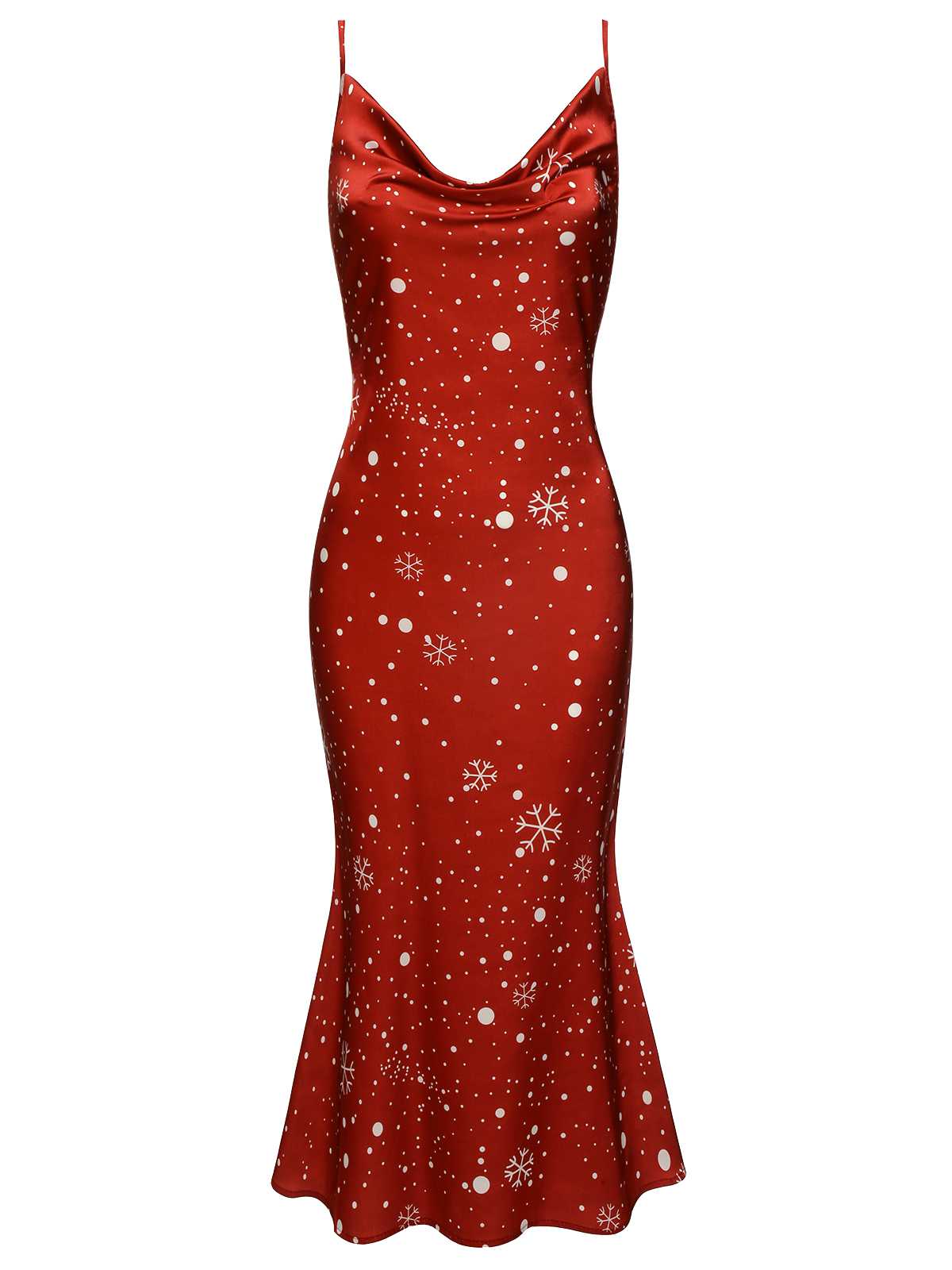 Red 1930s Christmas Strap Snowflake Mermaid Dress - Image 2