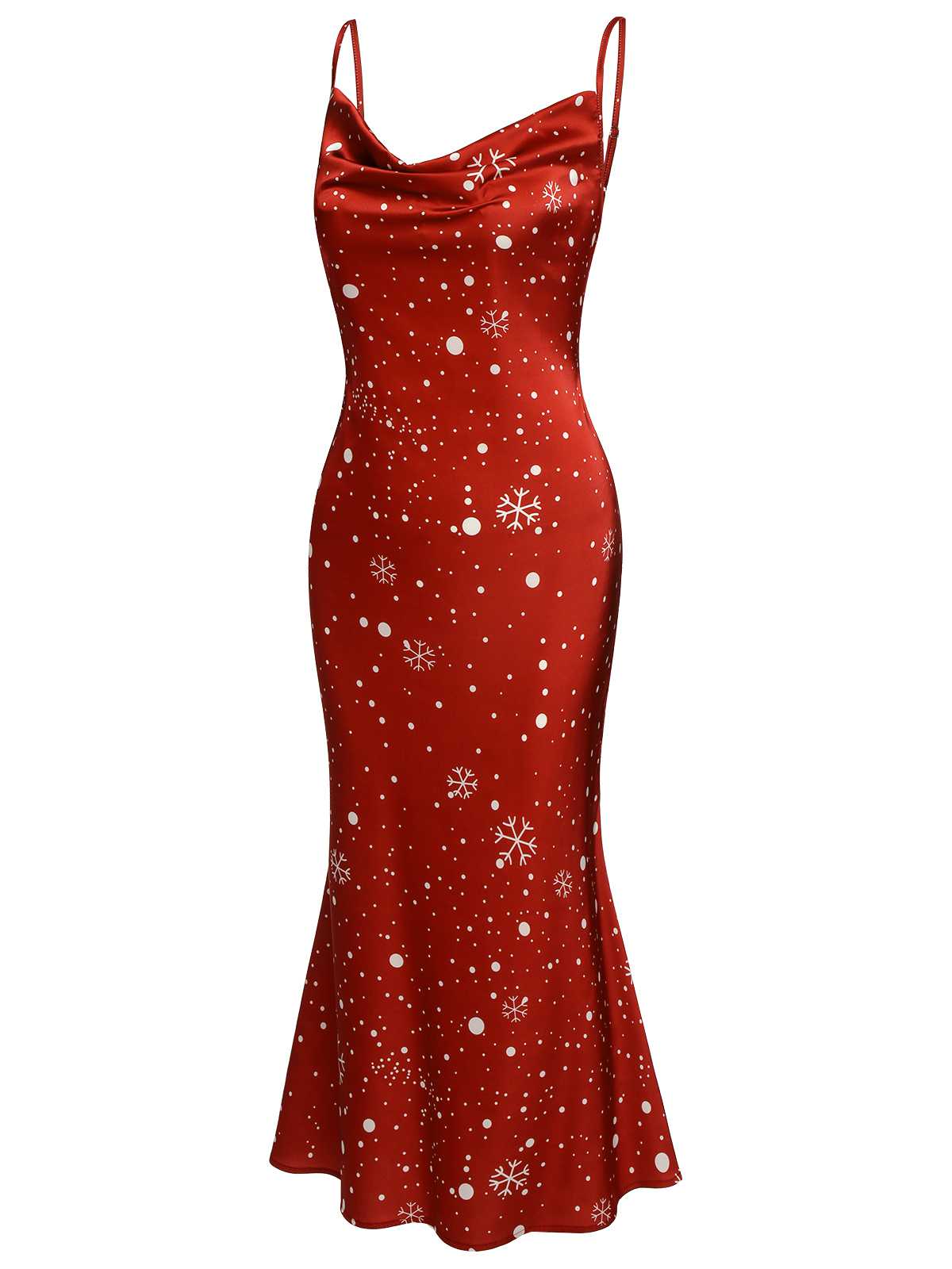 Red 1930s Christmas Strap Snowflake Mermaid Dress - Image 3