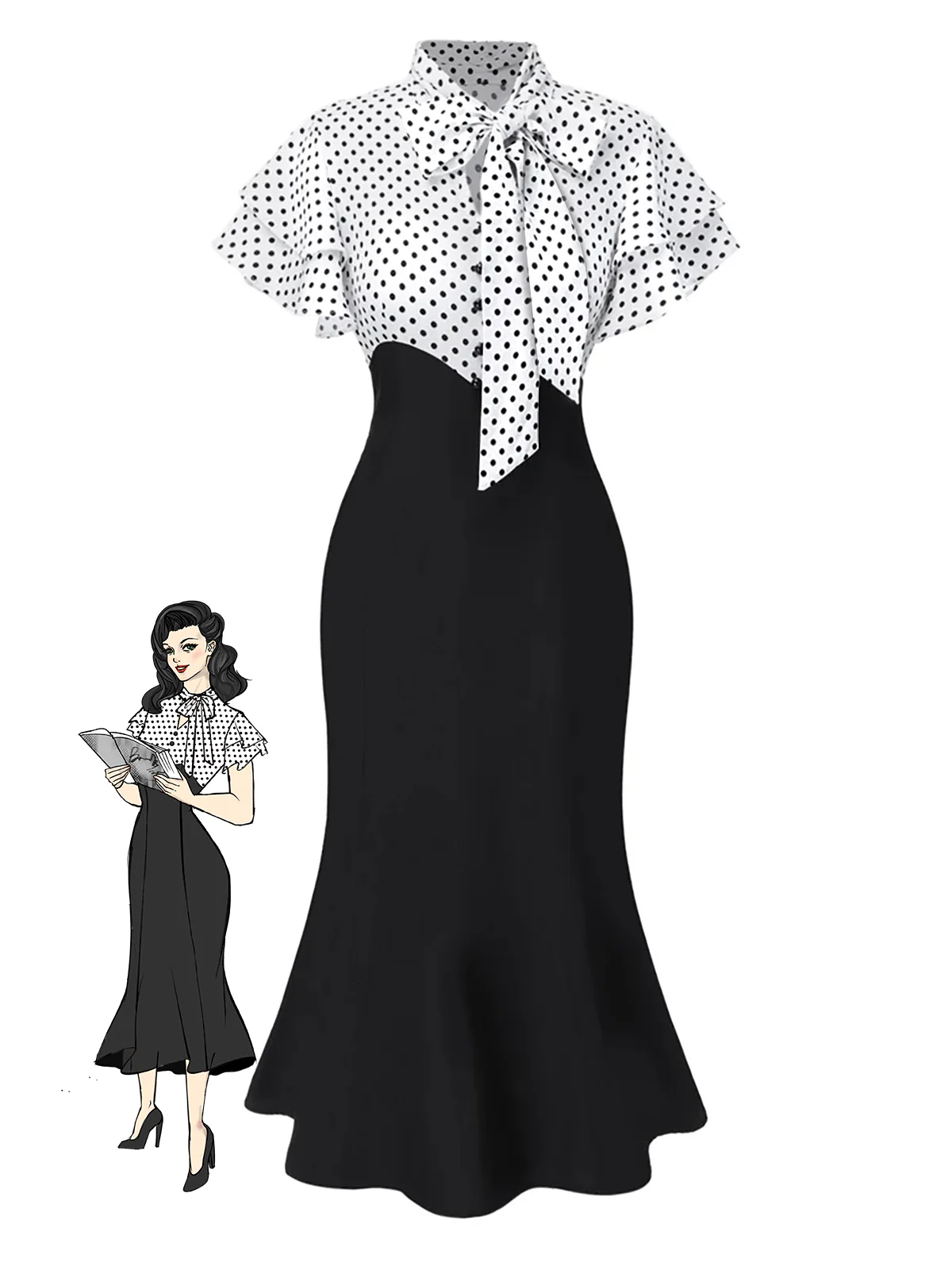 Red 1930s Dots Tie Neck Mermaid Dress - Image 3