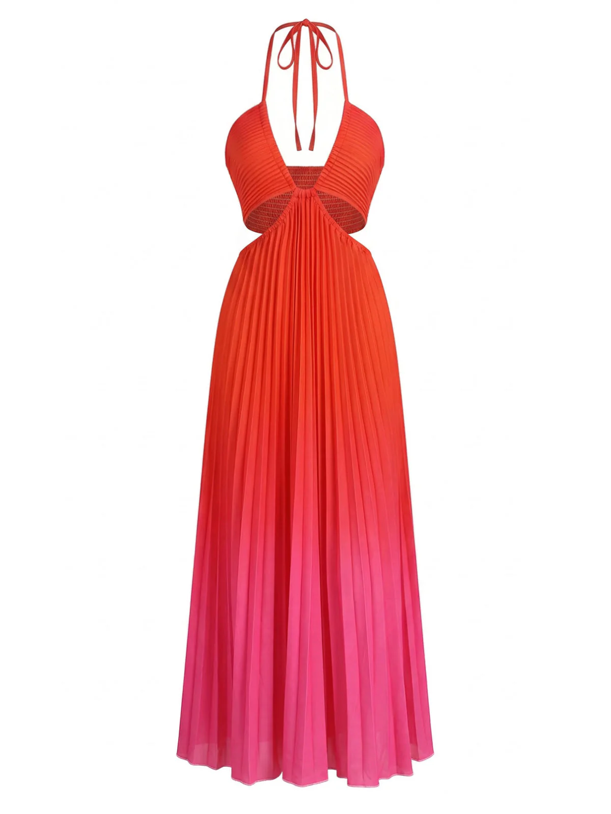 Red 1930s Gradient Halter Pleated Cut-Out Maxi Dress - Image 2