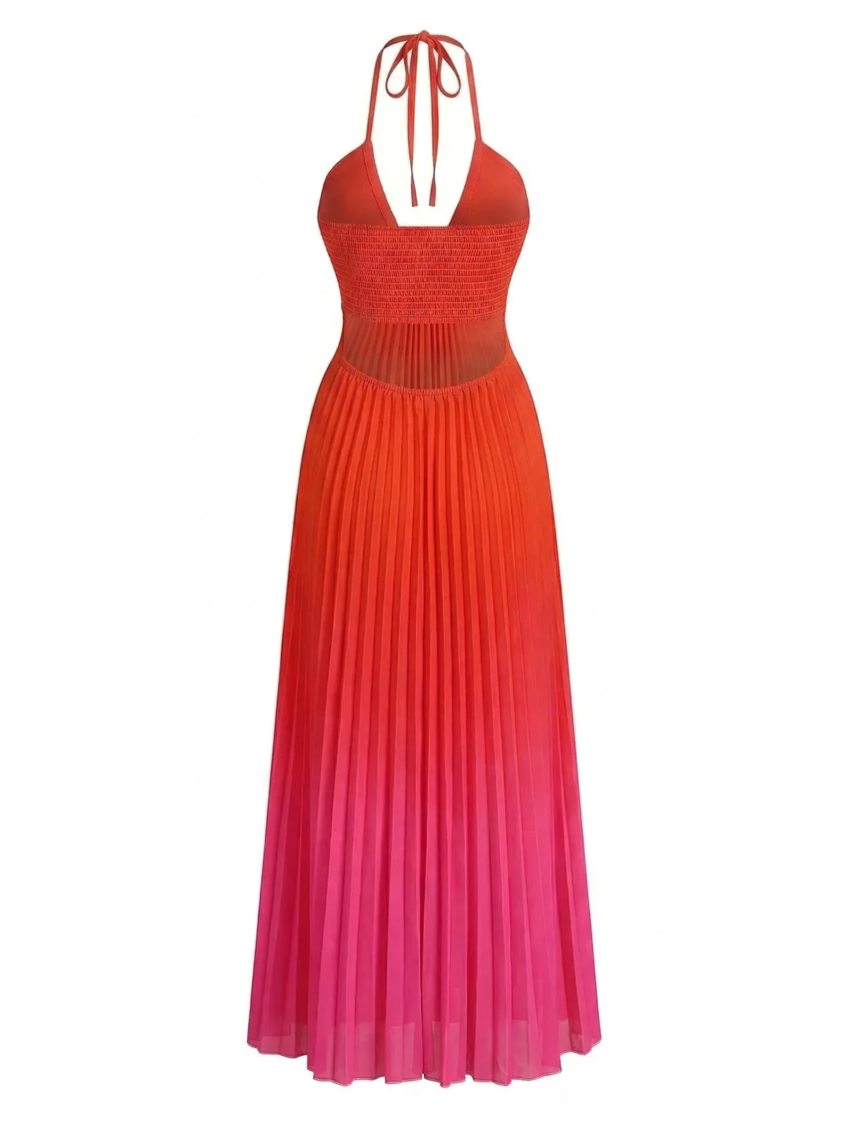 Red 1930s Gradient Halter Pleated Cut-Out Maxi Dress - Image 3