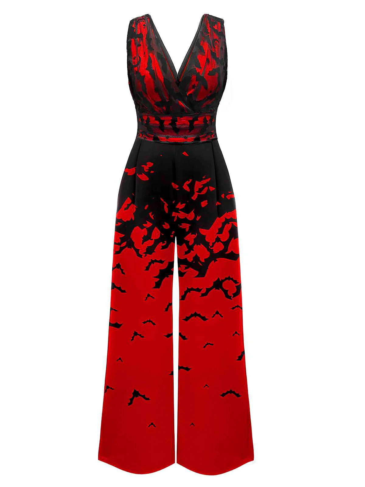 Red 1930s Halloween V-Neck Bat Jumpsuit - Image 2