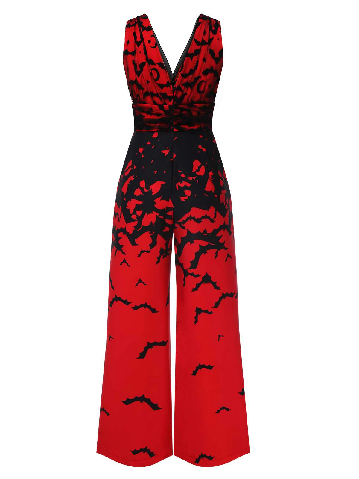Red 1930s Halloween V-Neck Bat Jumpsuit - Image 3