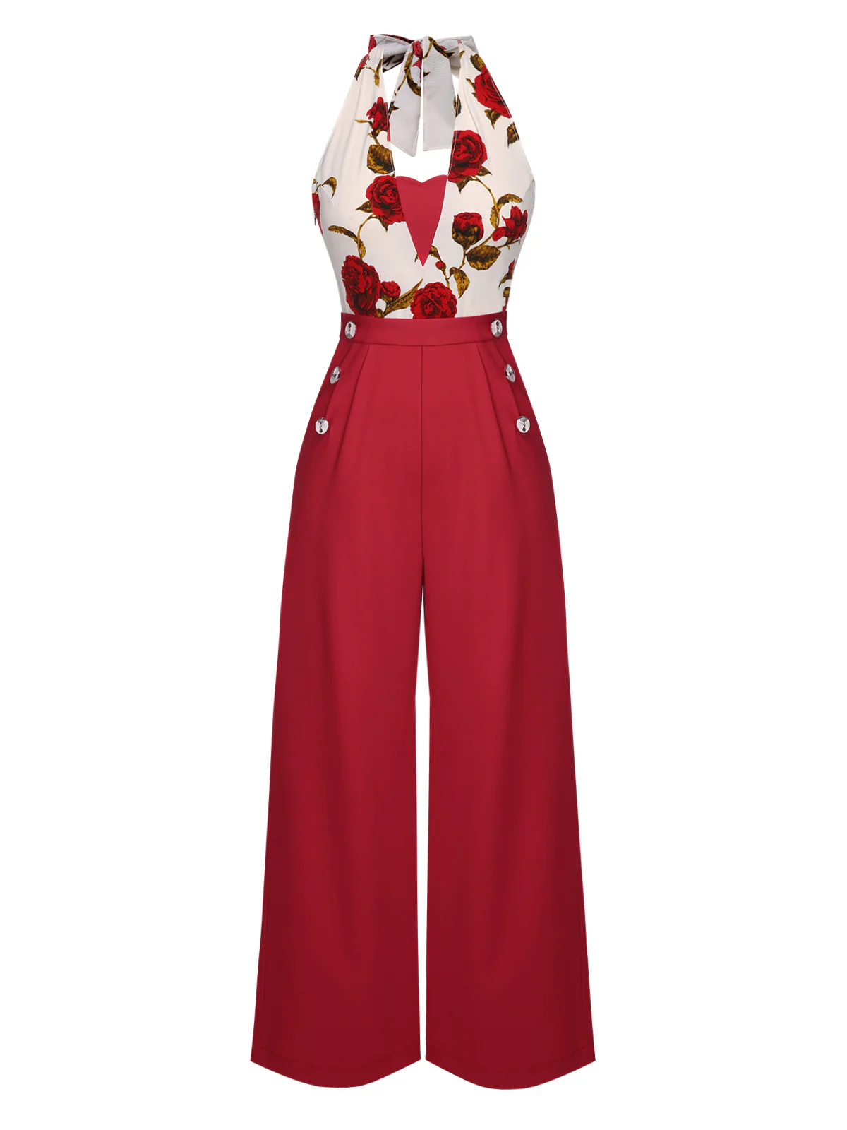 Red 1930s Halter Deep V-Neck Roses Jumpsuit - Image 2