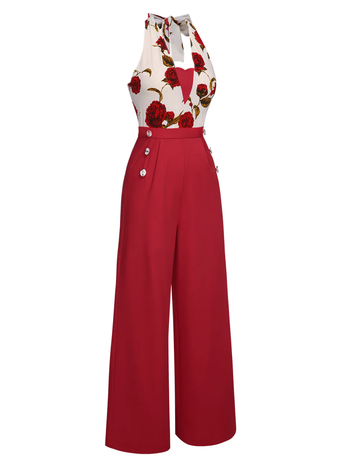 Red 1930s Halter Deep V-Neck Roses Jumpsuit - Image 3