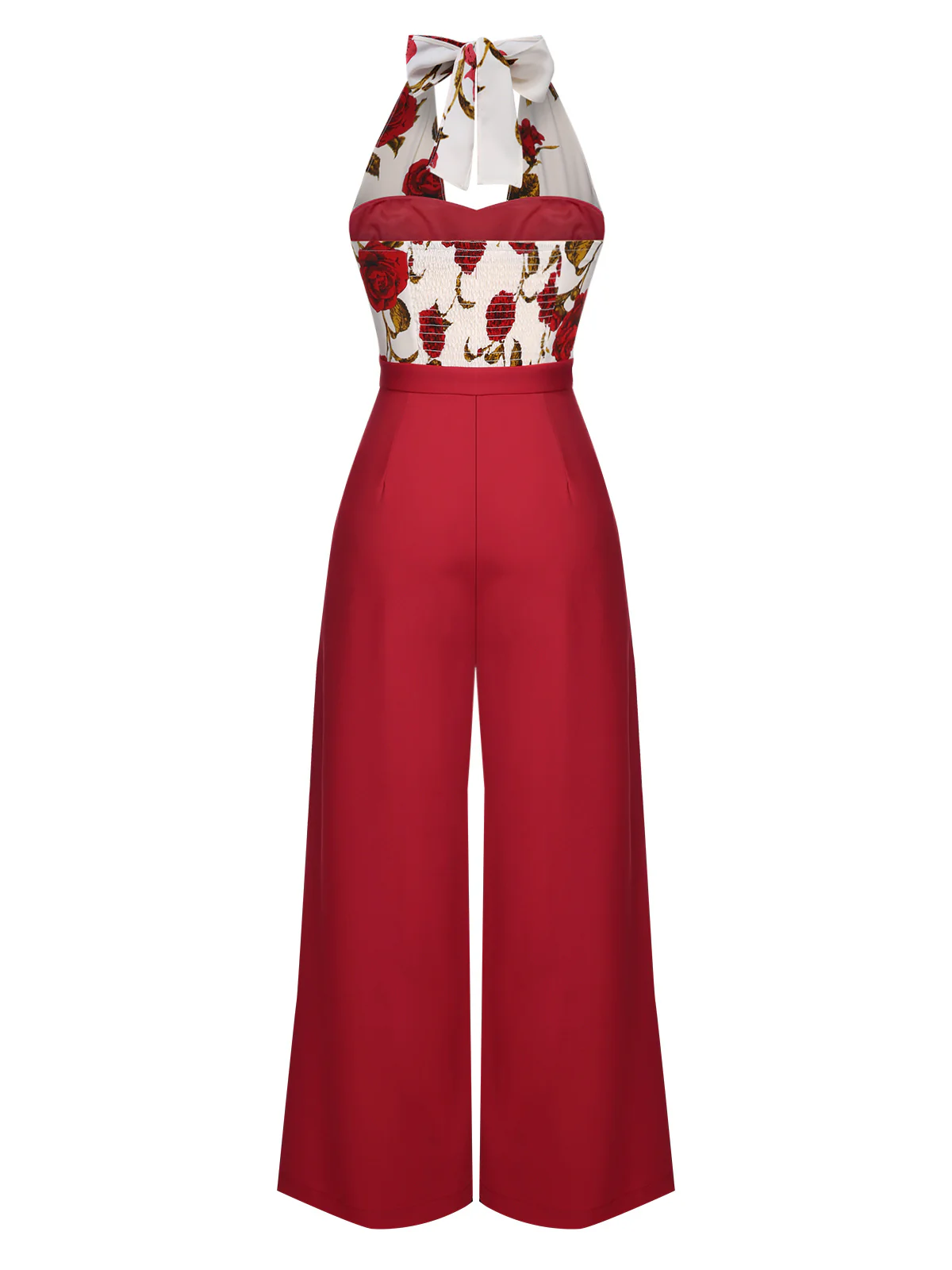 Red 1930s Halter Deep V-Neck Roses Jumpsuit - Image 4