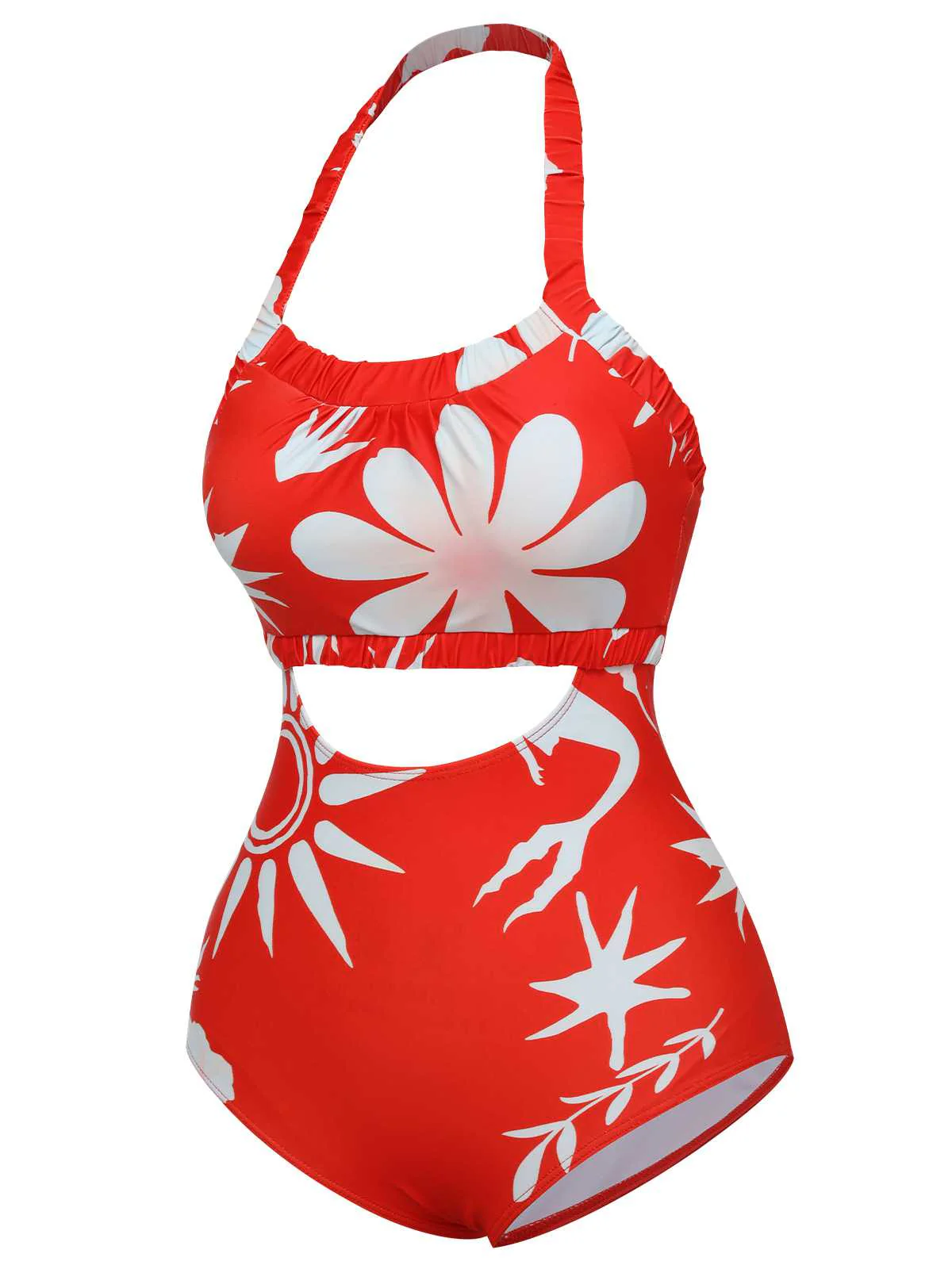 Red 1930s Halter Floral One-Piece Swimsuit - Image 2