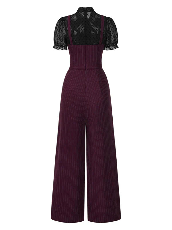Red 1930s Mesh Patchwork Vertical Stripe Jumpsuit - Image 10