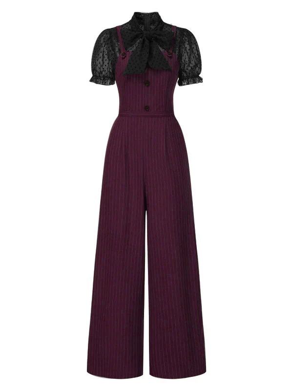 Red 1930s Mesh Patchwork Vertical Stripe Jumpsuit - Image 9
