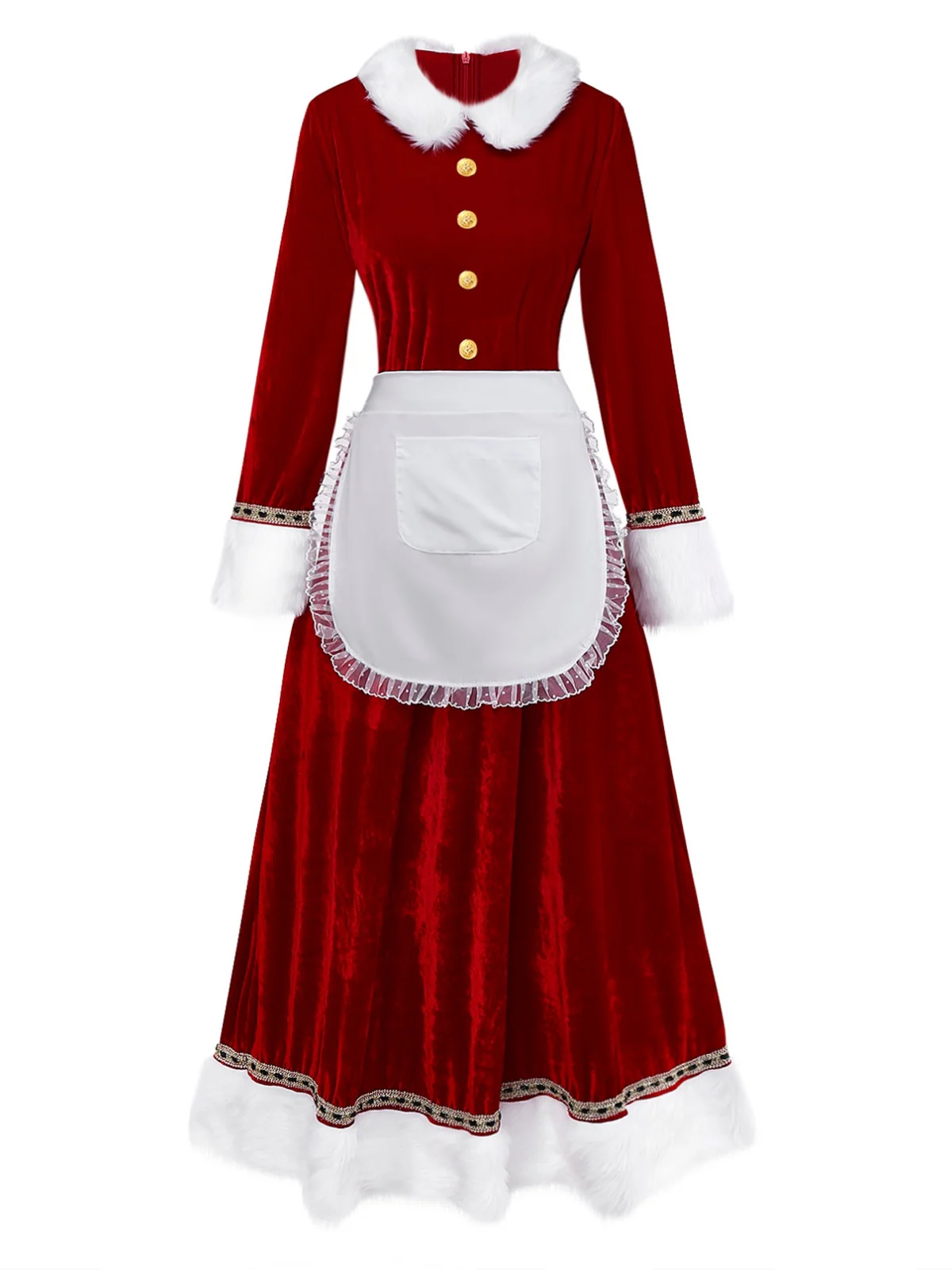 Red 1930s Mrs. Claus Costume Velvet Dress Set - Image 2