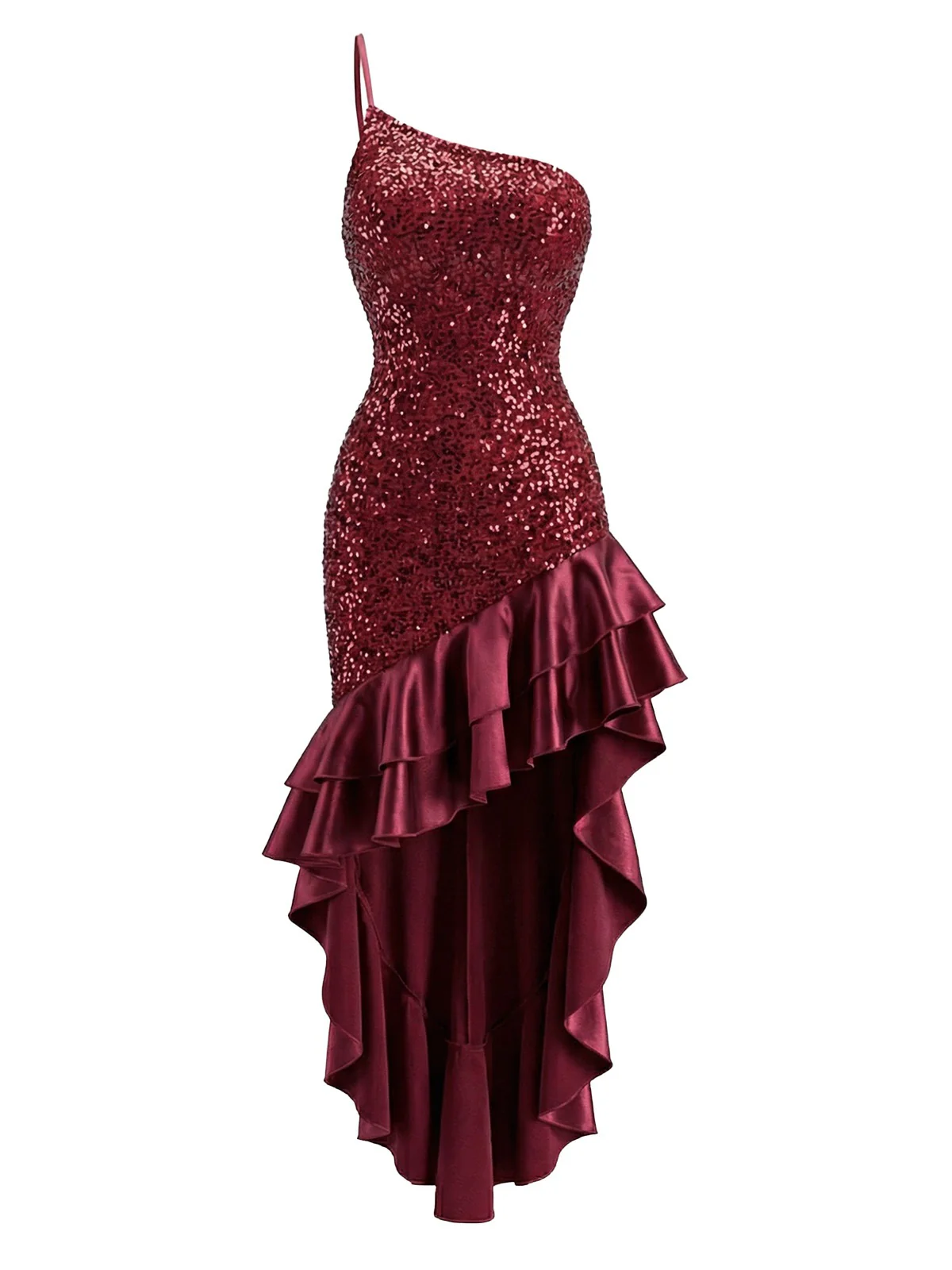 Red 1930s One-Shoulder Sequin Ruffled High-Low Dress - Image 3