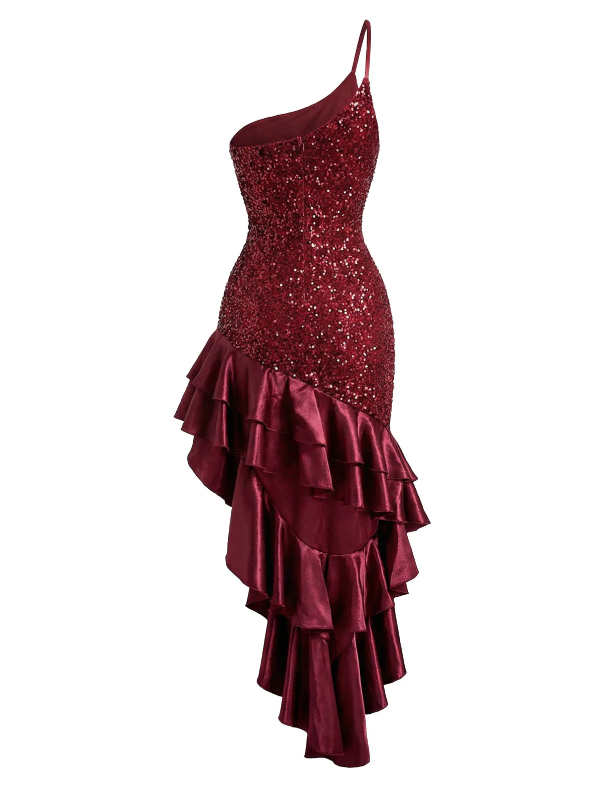 Red 1930s One-Shoulder Sequin Ruffled High-Low Dress - Image 7