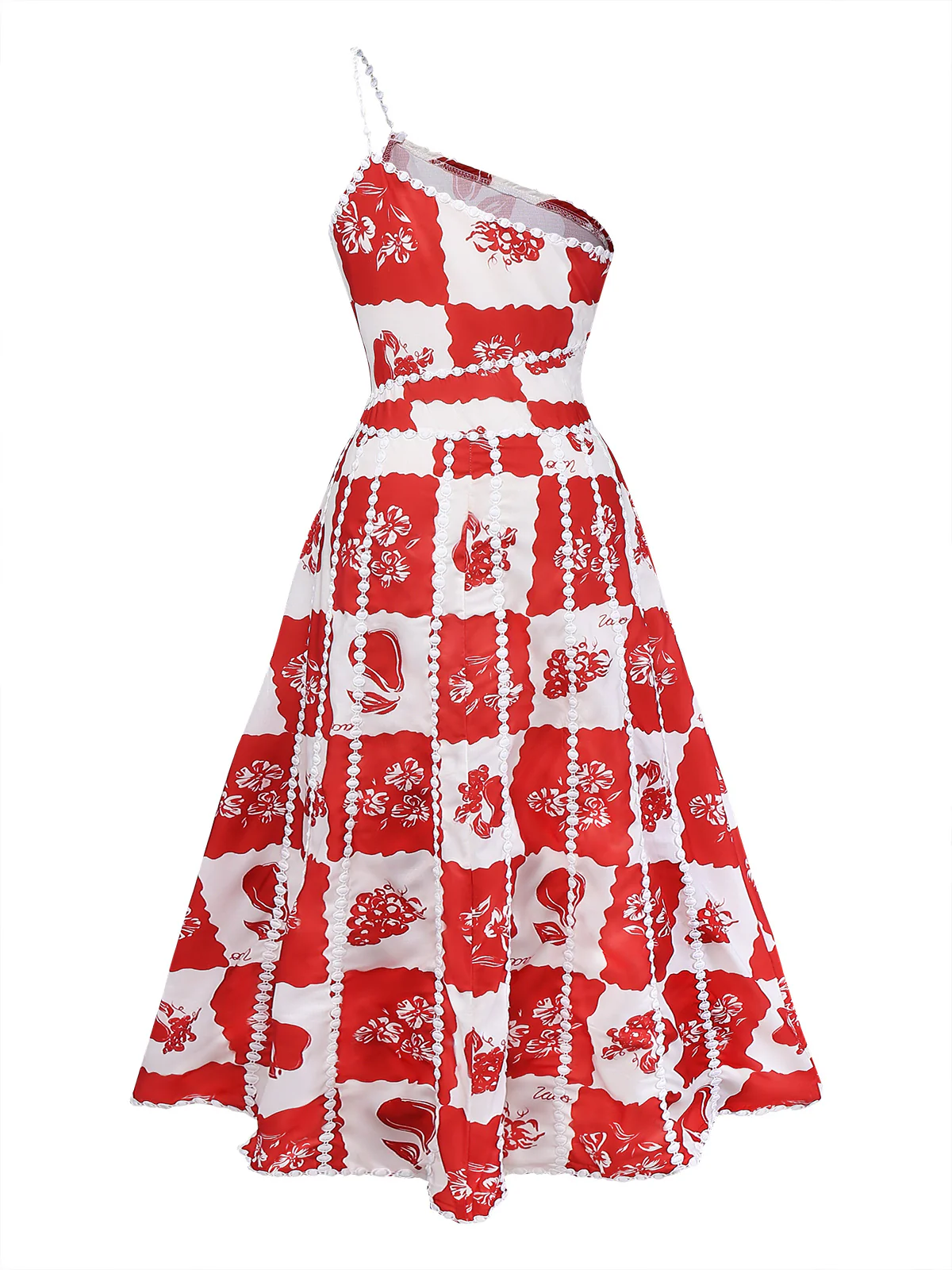 Red 1930s Plaid Floral & Fruit Print Spaghetti Strap Dress - Image 2