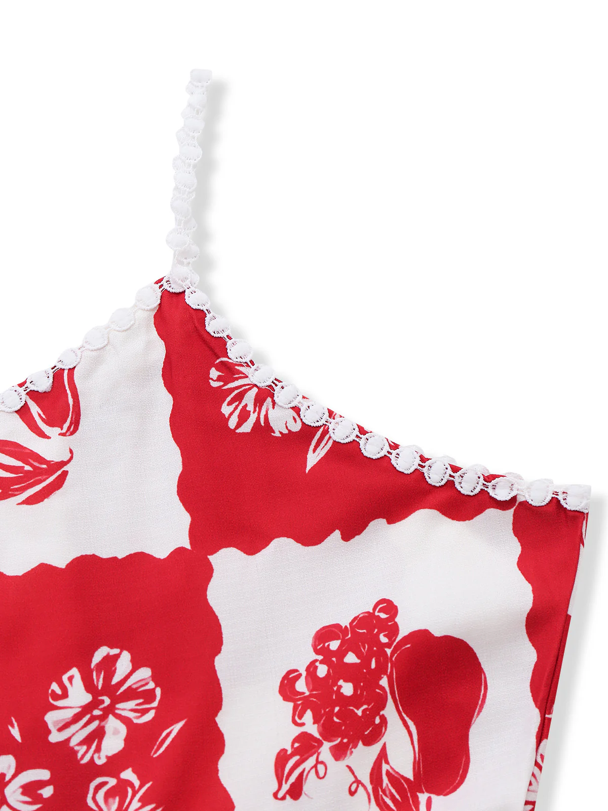 Red 1930s Plaid Floral & Fruit Print Spaghetti Strap Dress - Image 3