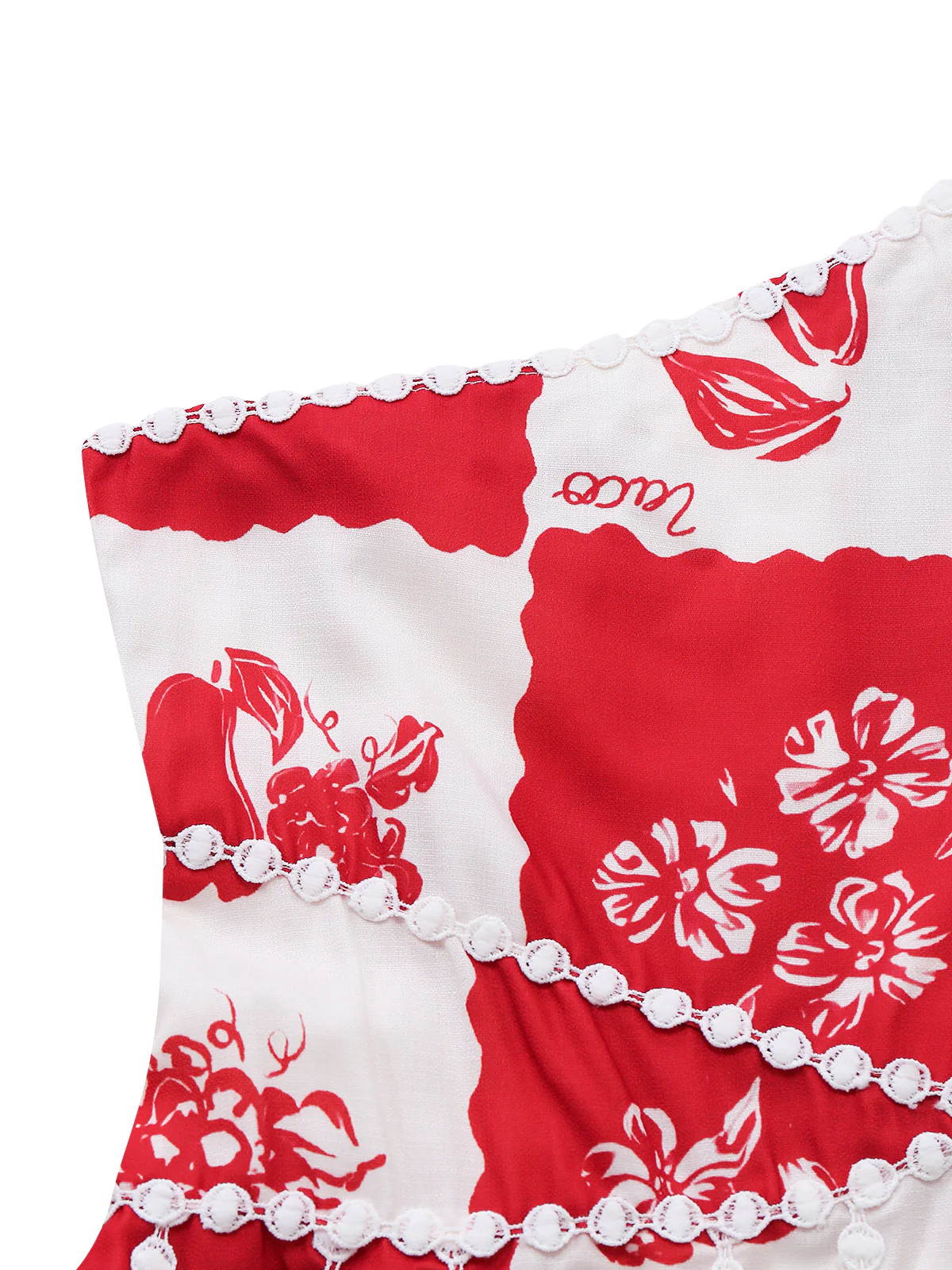 Red 1930s Plaid Floral & Fruit Print Spaghetti Strap Dress - Image 4