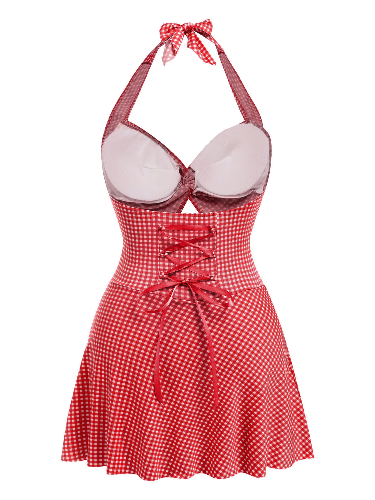 Red 1930s Plaid Halter One-Piece Swimsuit - Image 2