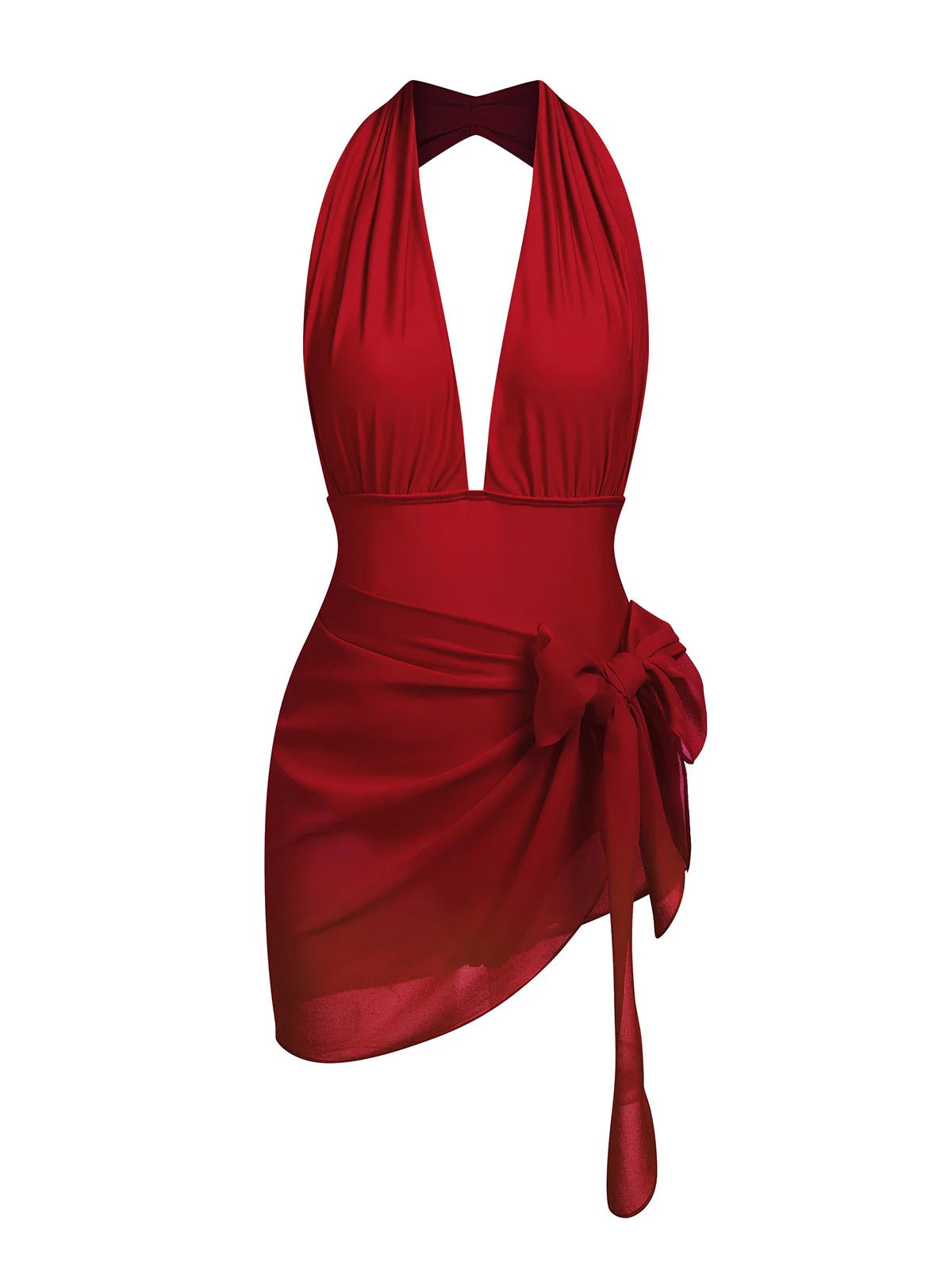 Red 1930s Retro Halter Solid One-piece Swimsuit - Image 4