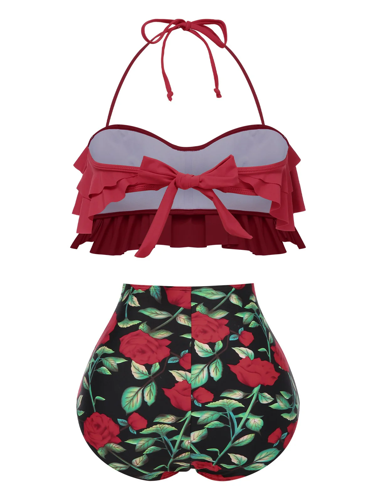 Red 1930s Rose Ruffle Halter Swimsuit - Image 2