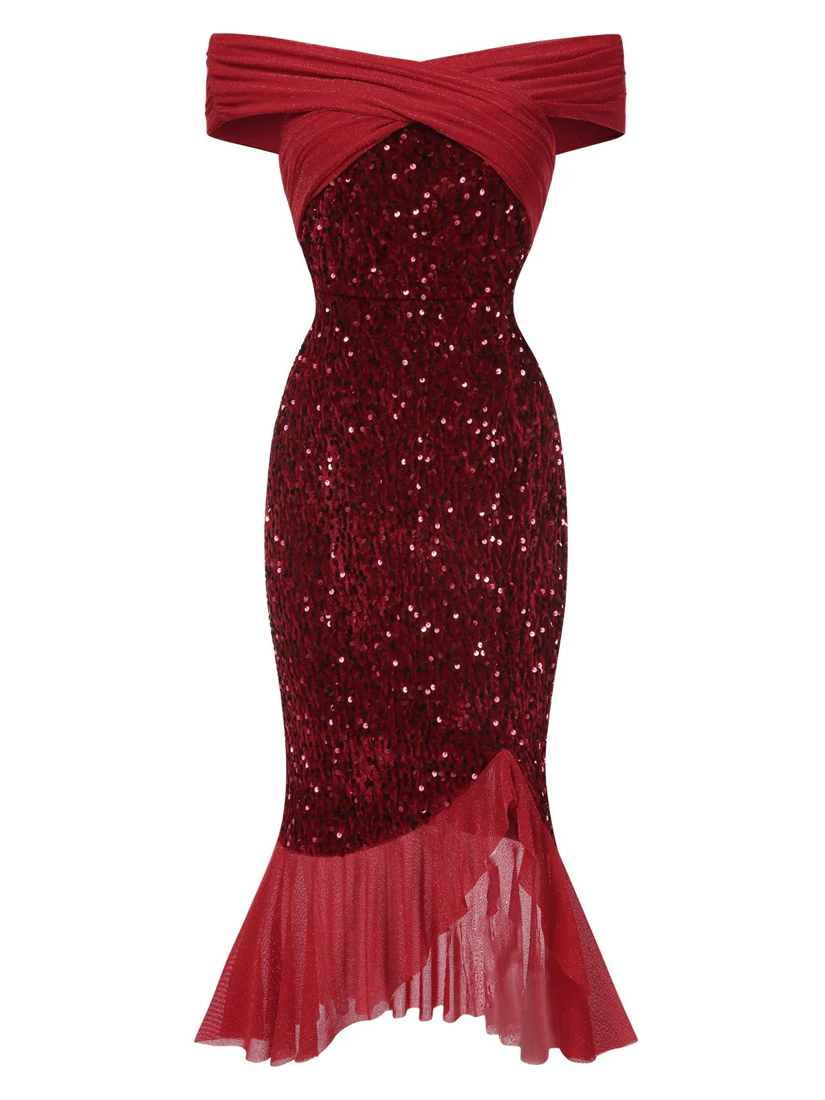 Red 1930s Sequined Off-Shoulder Dress - Image 2