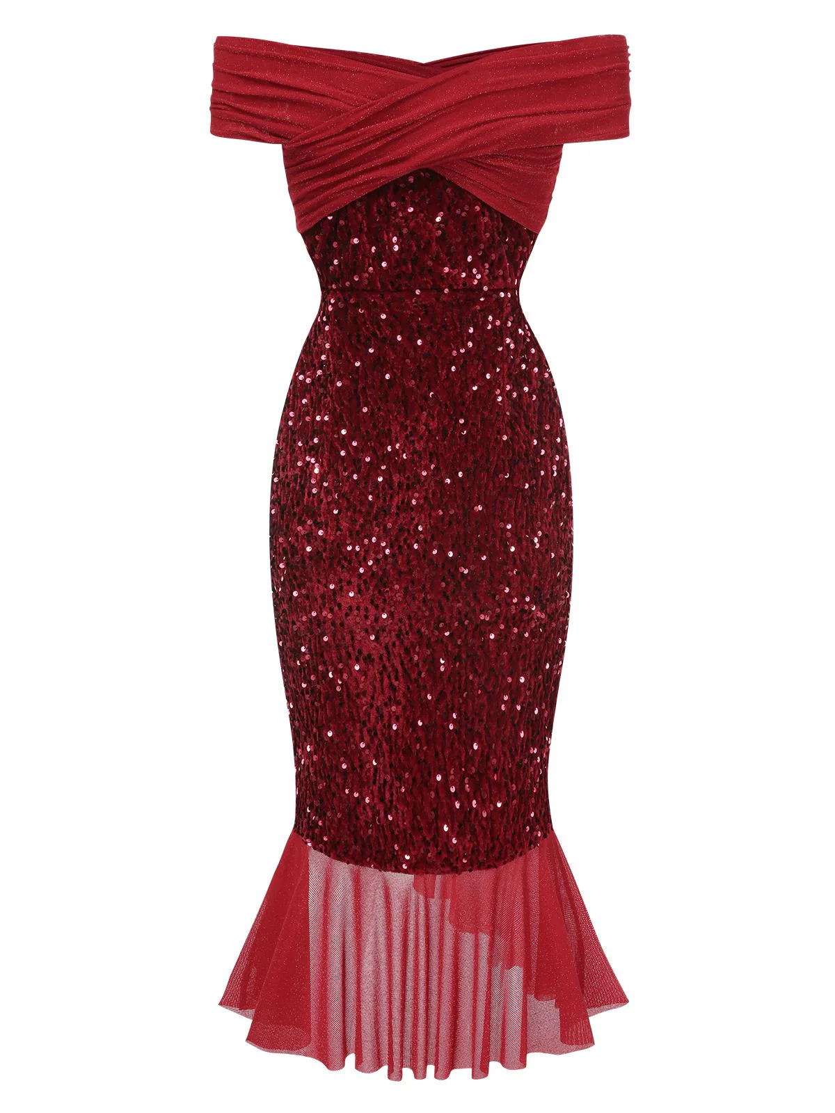 Red 1930s Sequined Off-Shoulder Dress - Image 3