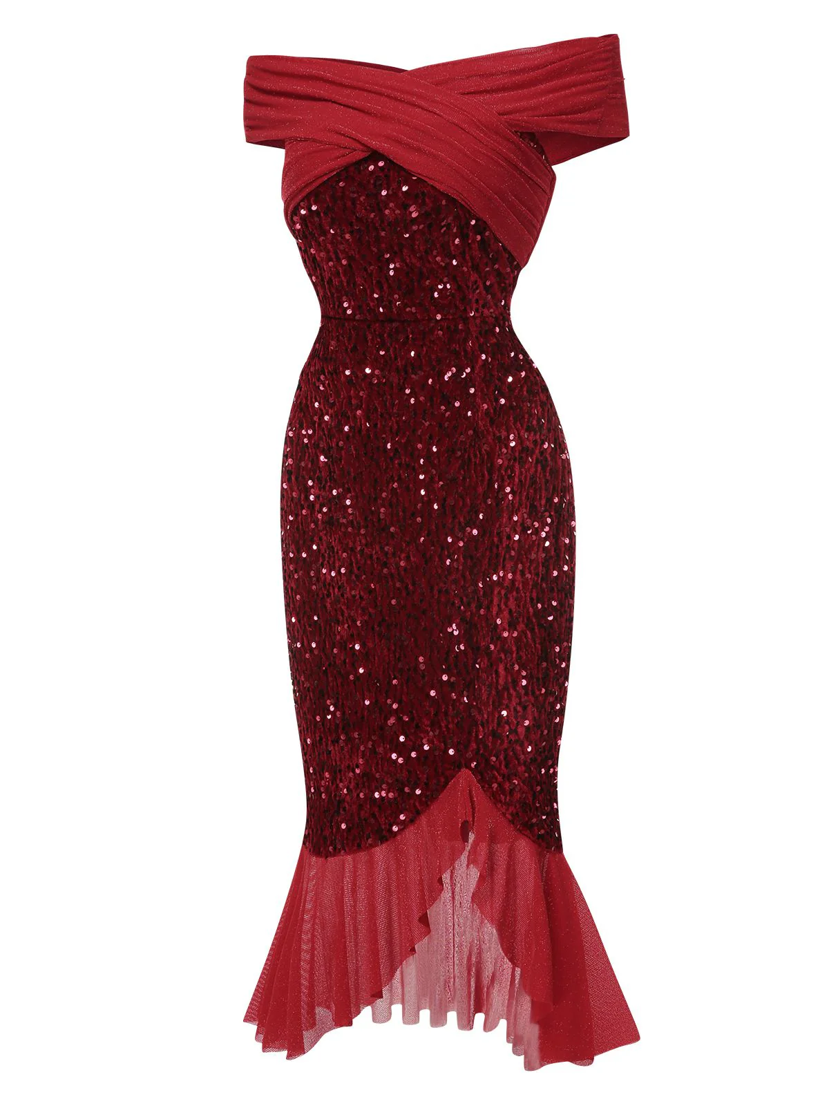 Red 1930s Sequined Off-Shoulder Dress - Image 4