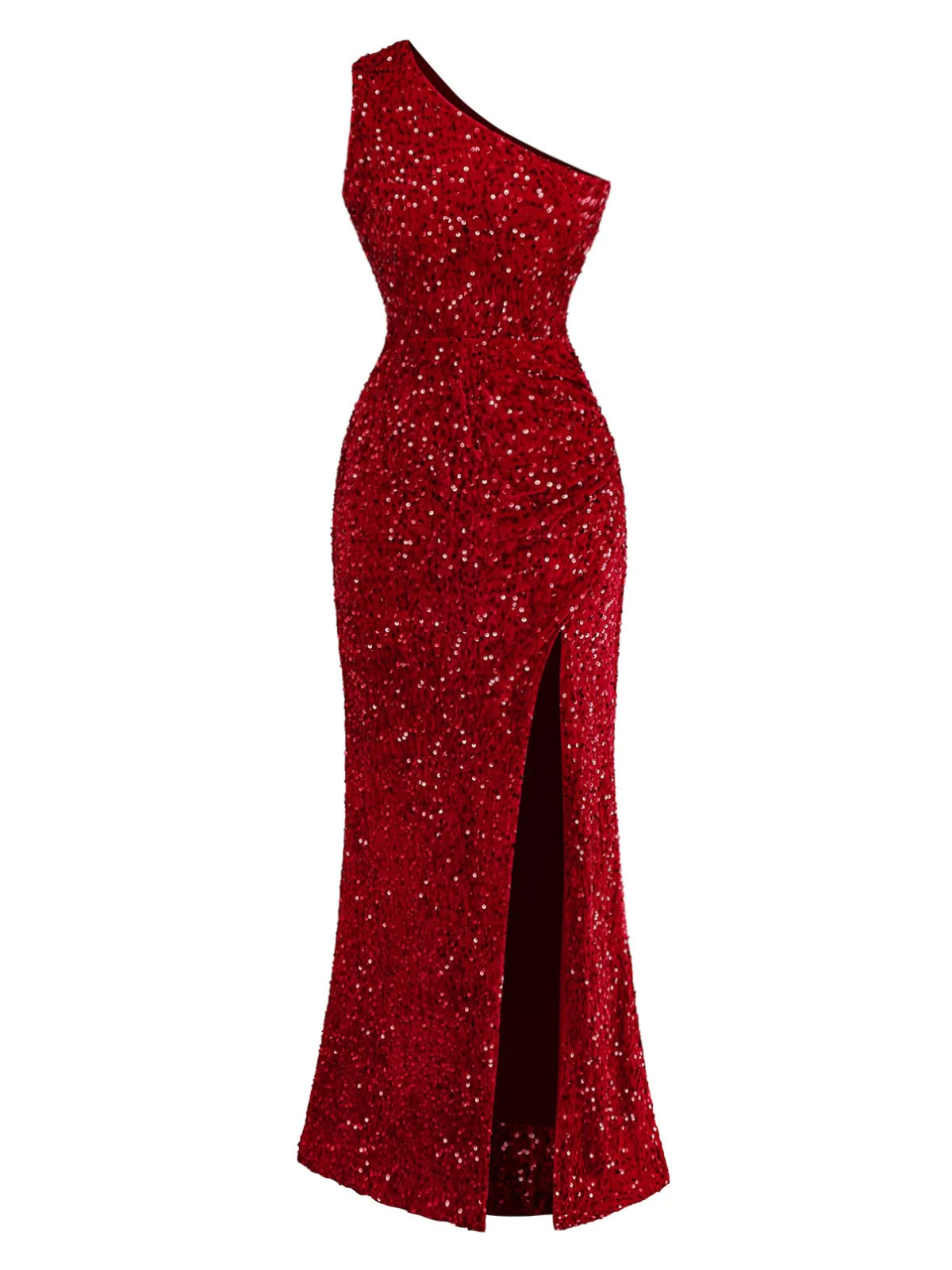 Red 1930s Sequined One-Shoulder Slit Bodycon Dress - Image 2