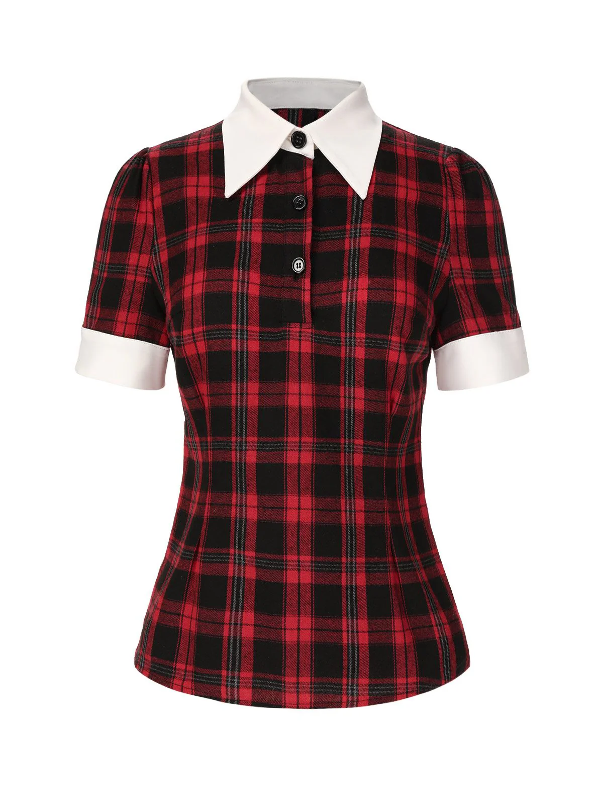 Red 1930s Shirt Collar Gingham Plaid Top - Image 2