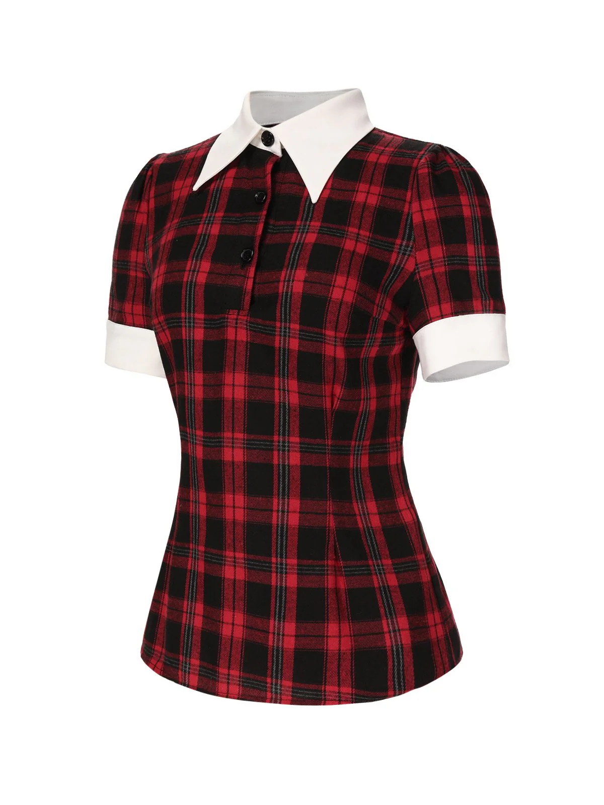 Red 1930s Shirt Collar Gingham Plaid Top - Image 3
