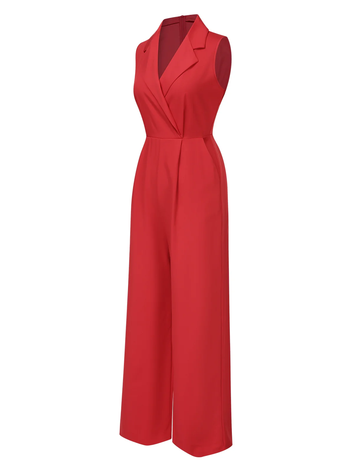 Red 1930s Solid Lapel Wide Leg Jumpsuit - Image 2