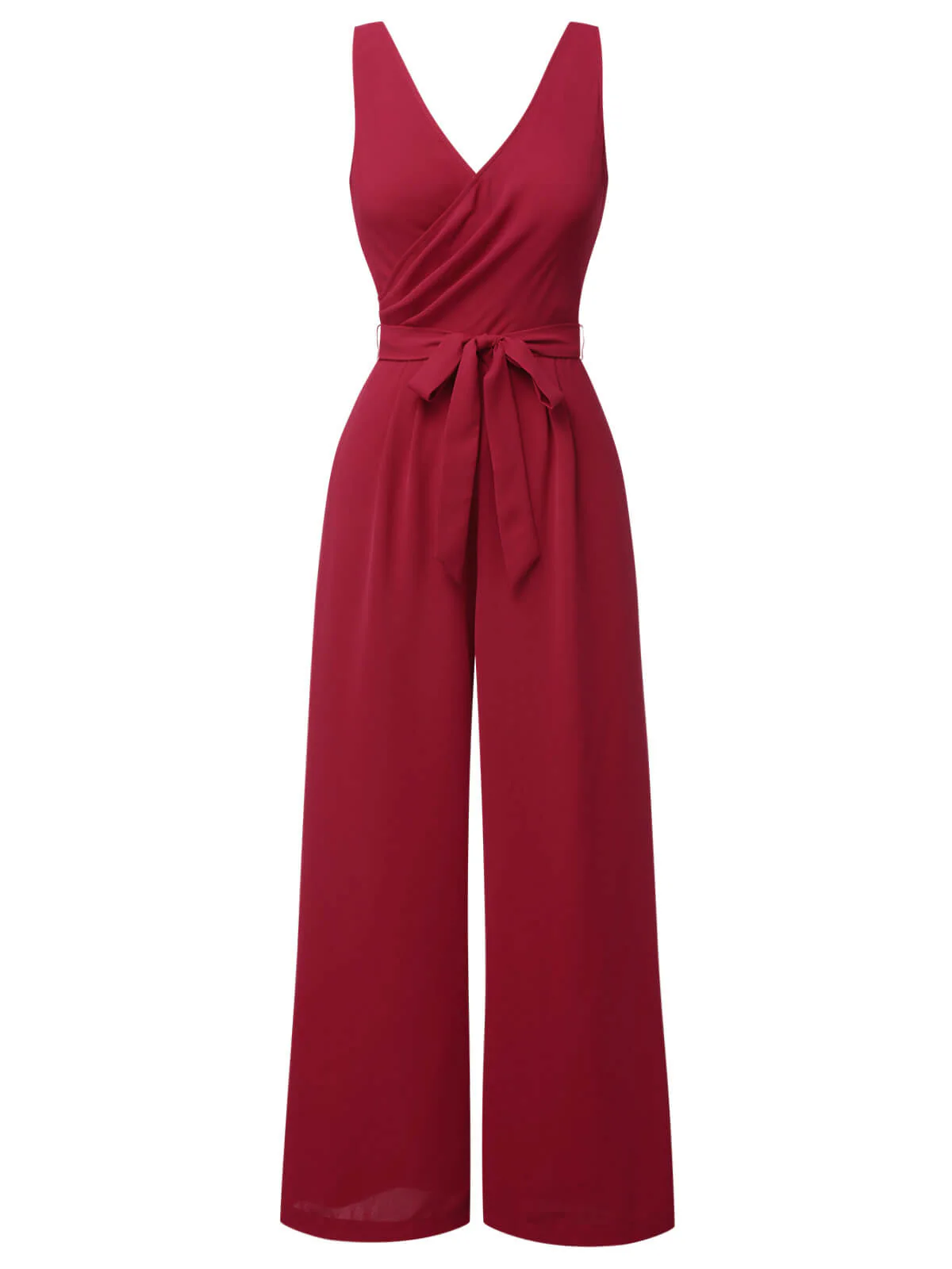 Red 1930s Solid Wasit Tie V-Neck Jumpsuit - Image 2