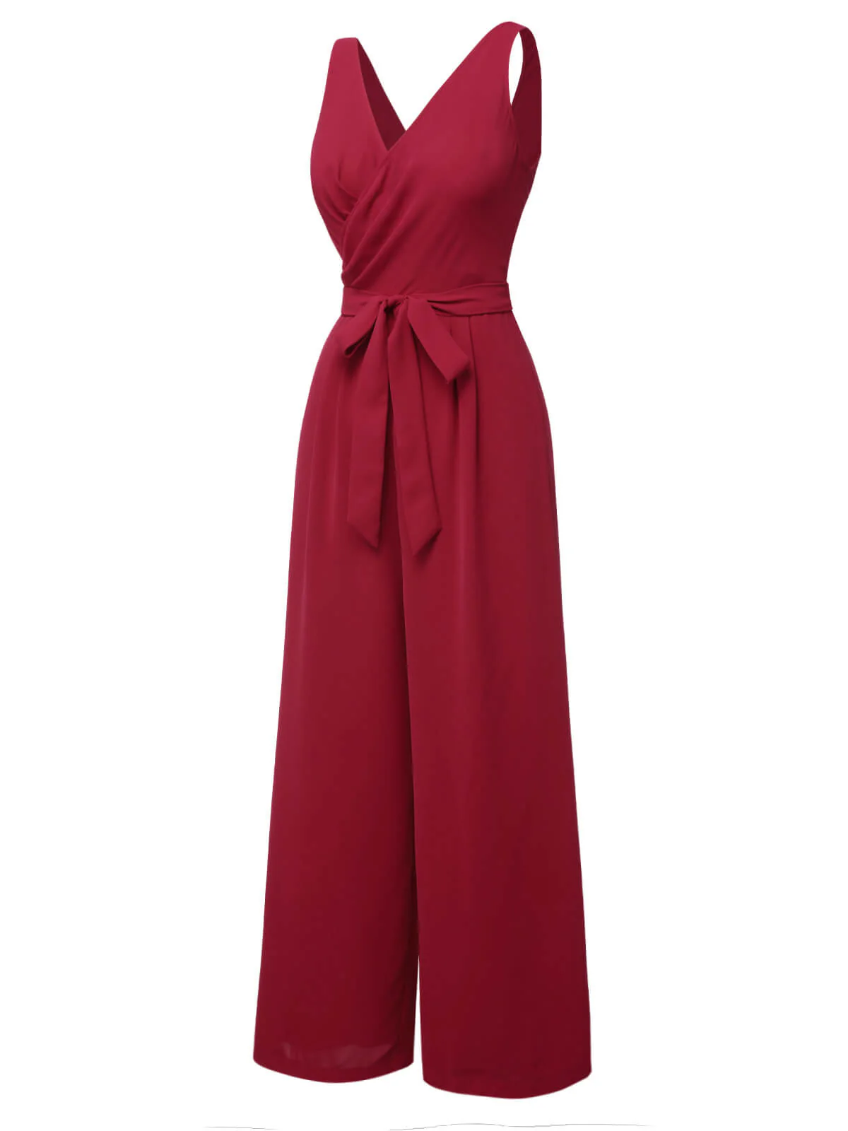 Red 1930s Solid Wasit Tie V-Neck Jumpsuit - Image 3