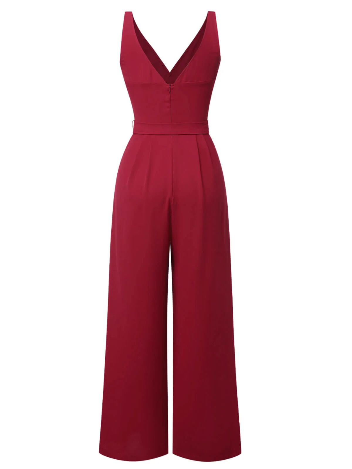Red 1930s Solid Wasit Tie V-Neck Jumpsuit - Image 4