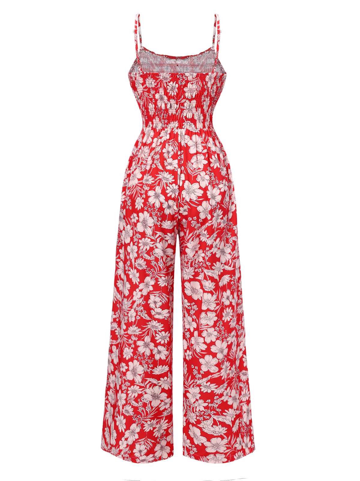 Red 1930s Spaghetti Strap Floral Wide-Leg Jumpsuit - Image 2