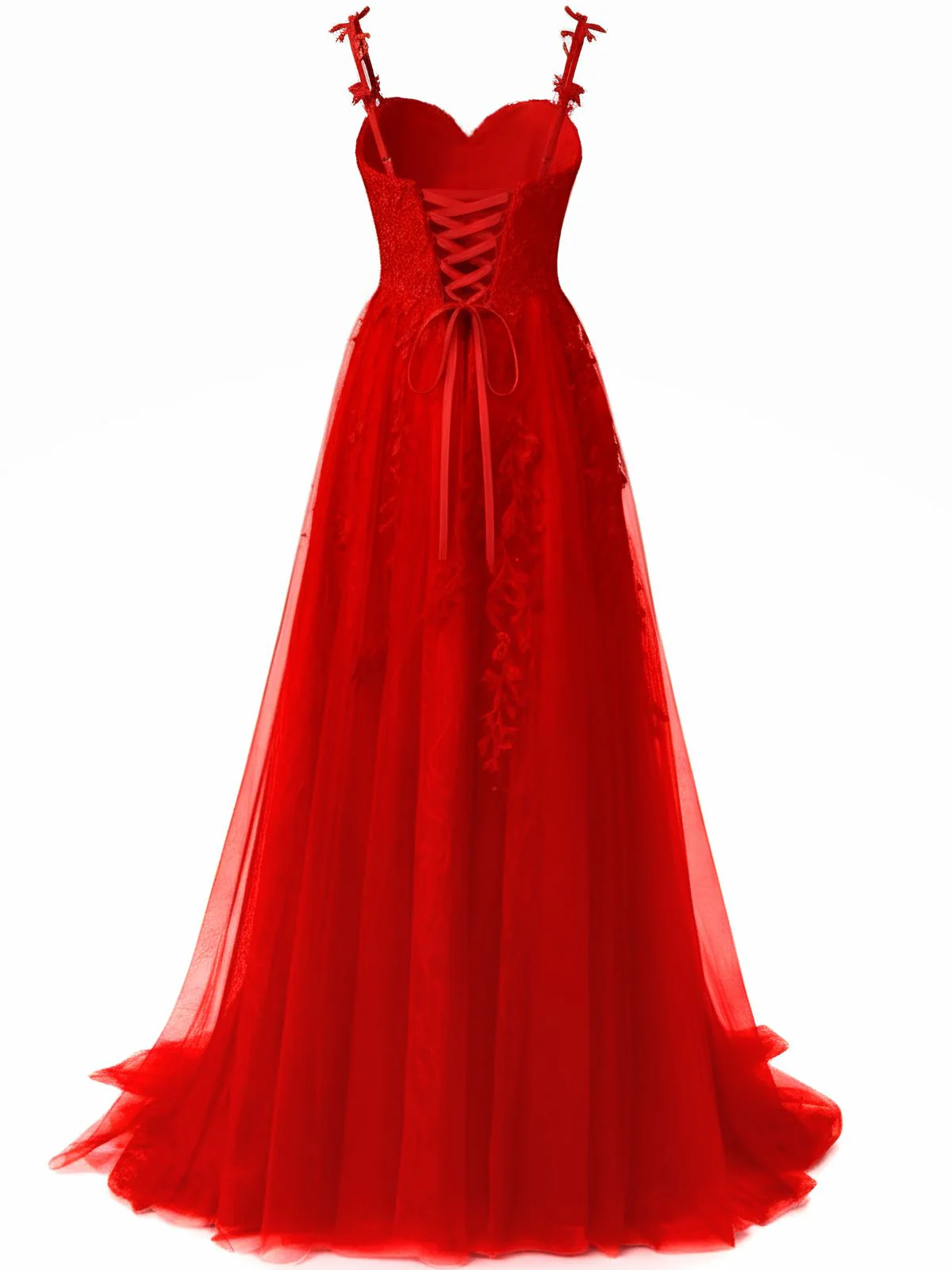 Red 1930s Spaghetti Strap Lace Tulle Maxi Dress - Image 2