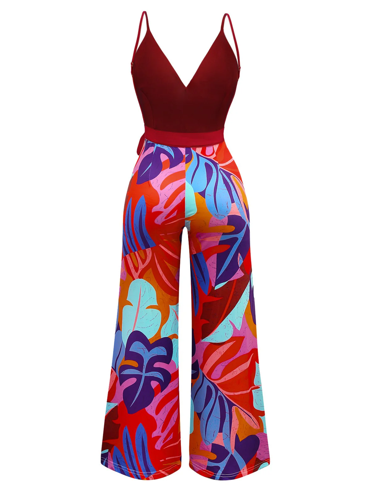 Red 1930s Tropical Belted Deep V Straps Jumpsuit - Image 2