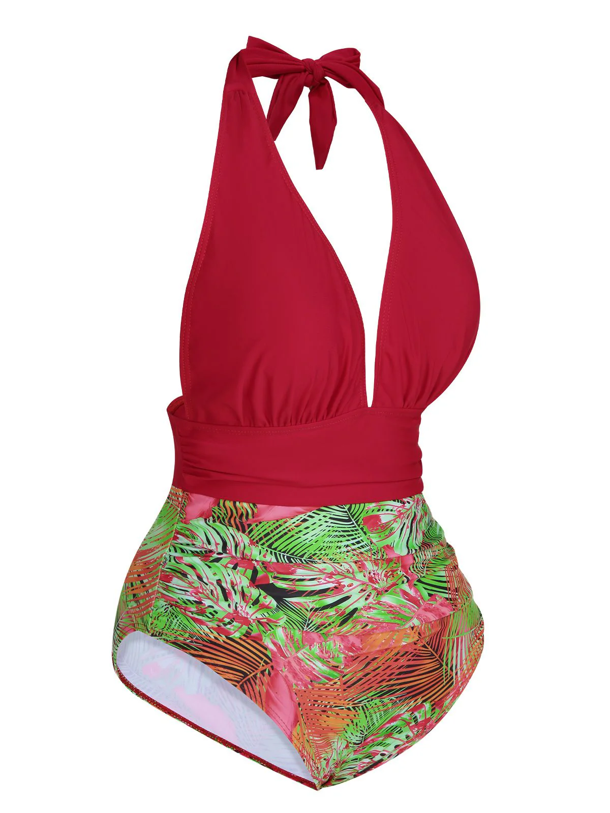 Red 1930s Tropical Plants One-Piece Swimsuit - Image 2
