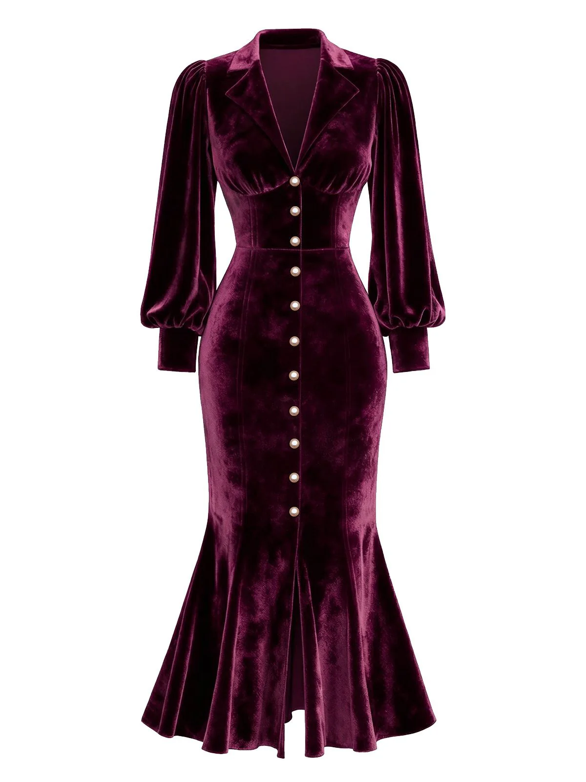 Red 1930s Velvet Pearl Lantern Sleeve Mermaid Dress - Image 2
