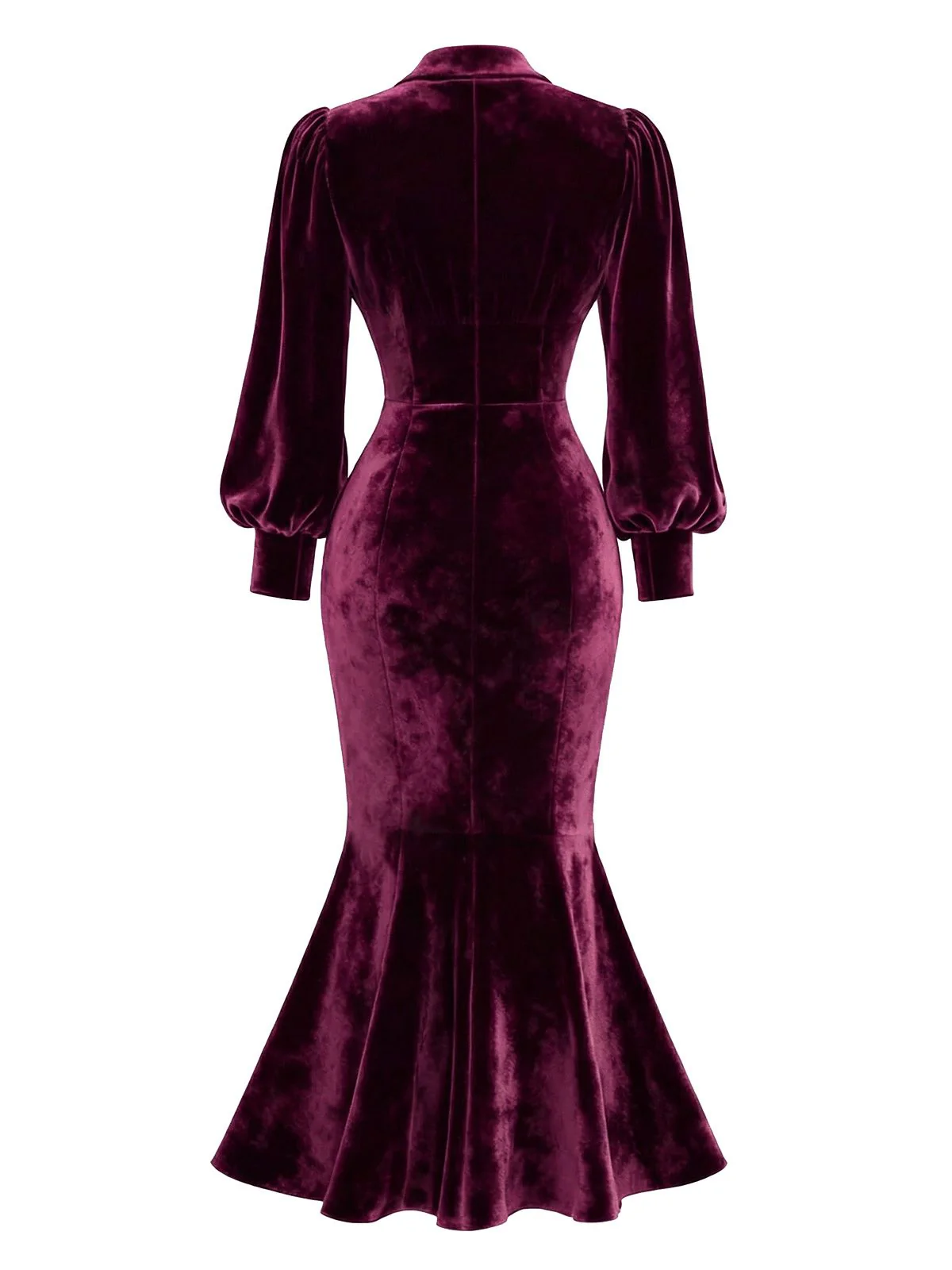 Red 1930s Velvet Pearl Lantern Sleeve Mermaid Dress - Image 3
