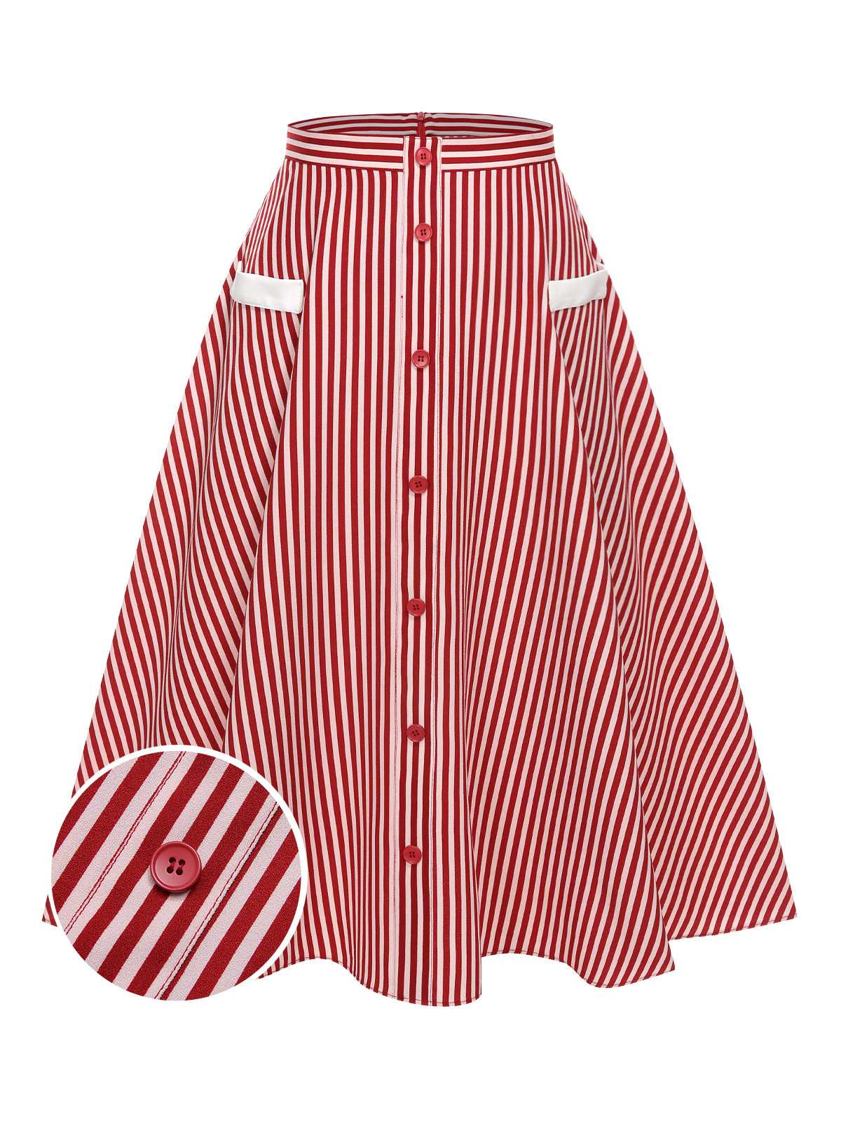 Red 1940s Buttoned Stripes Skirt - Image 2