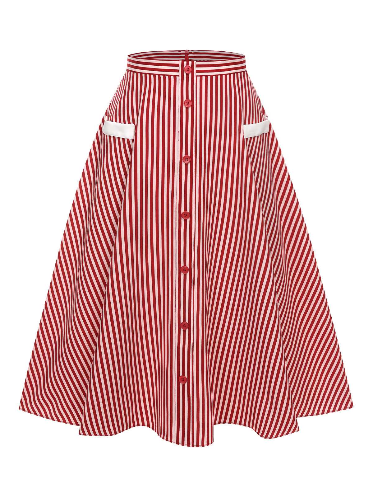 Red 1940s Buttoned Stripes Skirt - Image 3