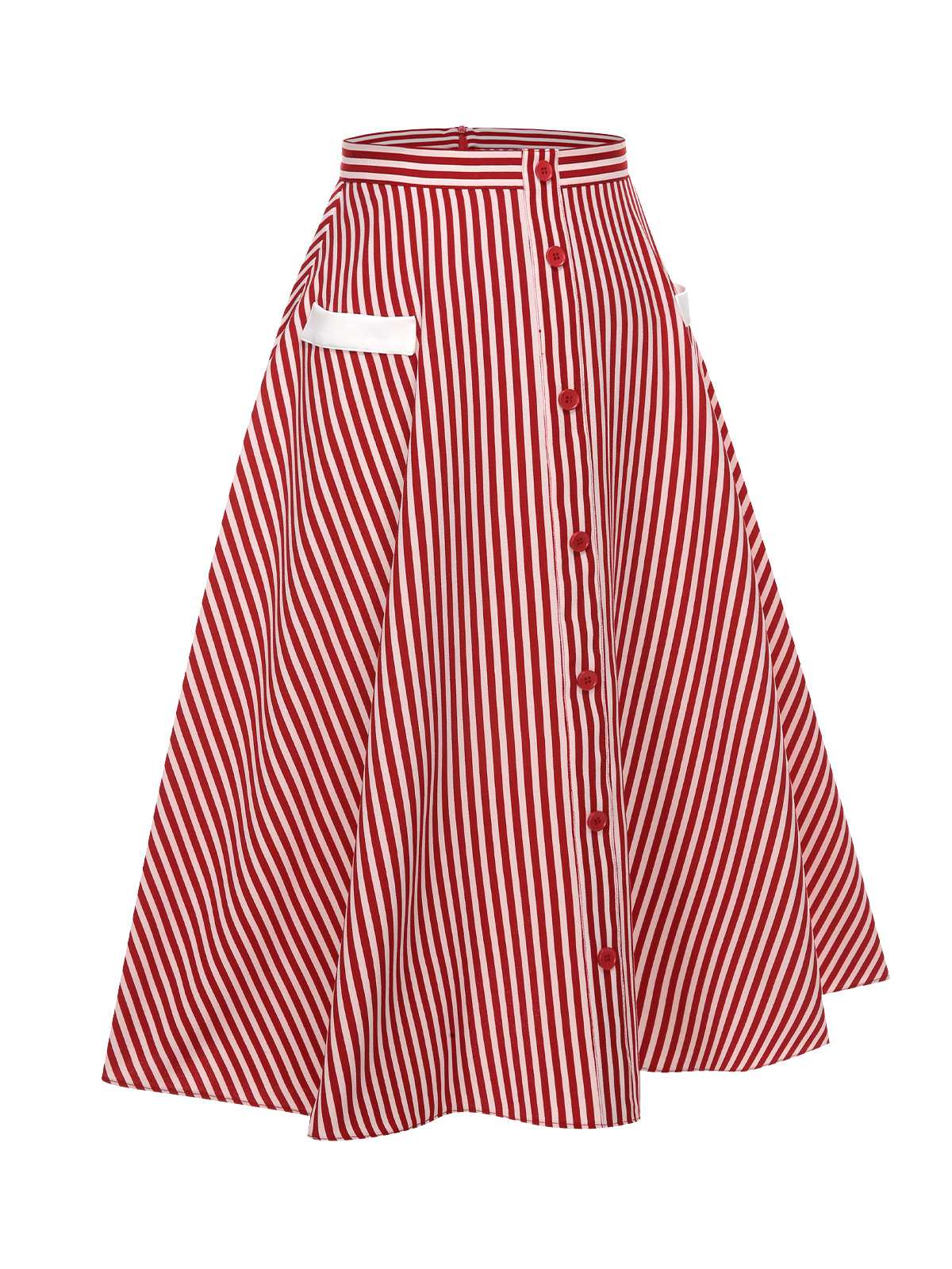 Red 1940s Buttoned Stripes Skirt - Image 4
