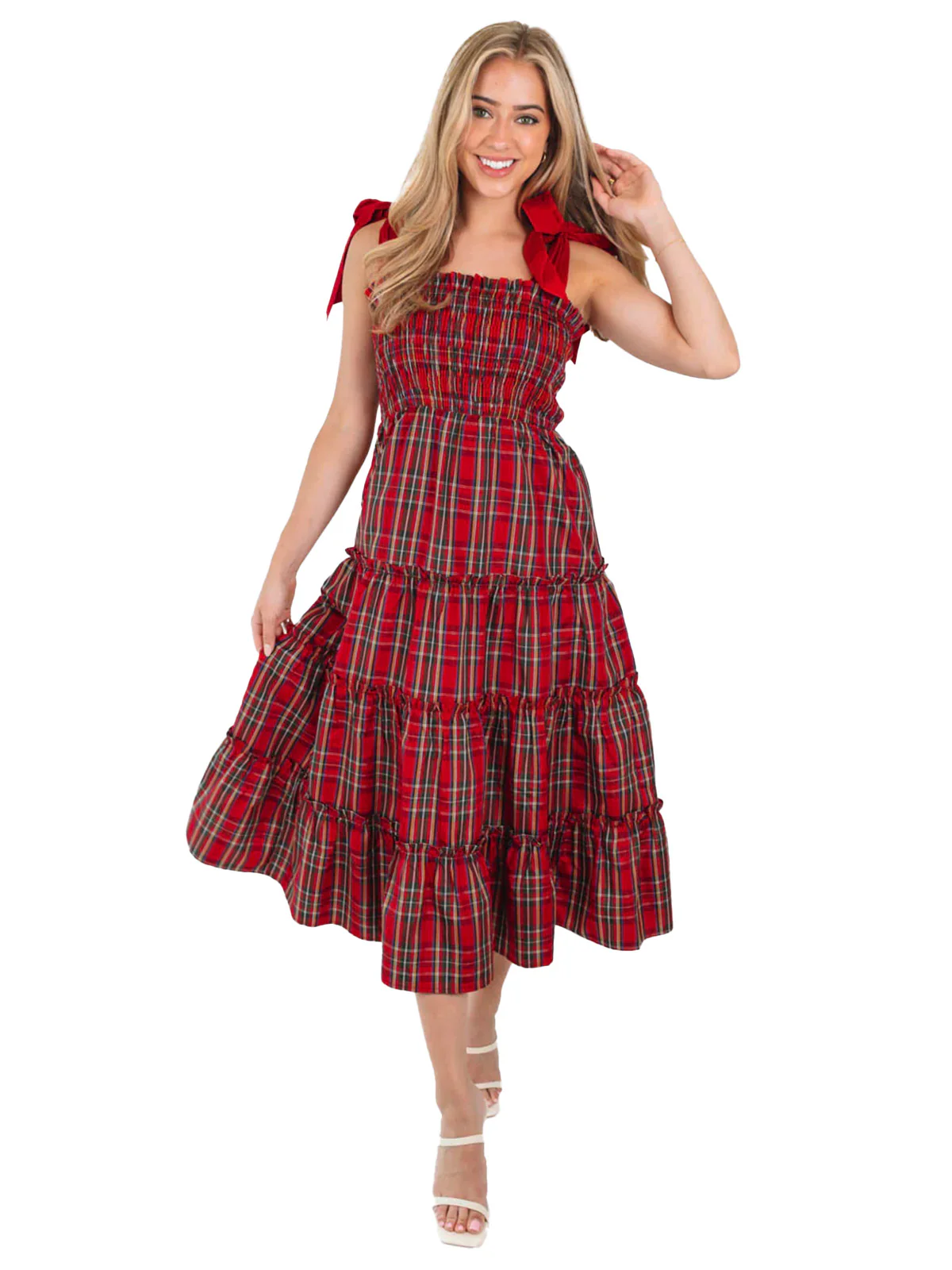 Red 1940s Christmas Plaid Lace-Up Dress - Image 3