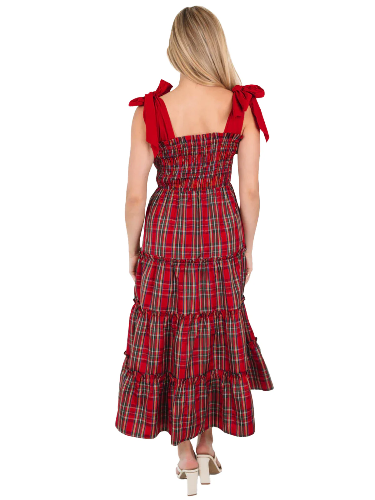Red 1940s Christmas Plaid Lace-Up Dress - Image 4