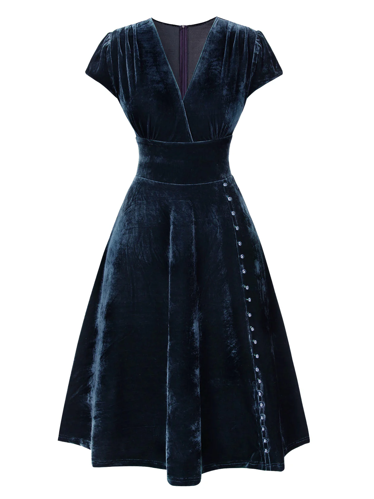 Red 1940s Deep V-Neck Pearl Velvet Dress - Image 10