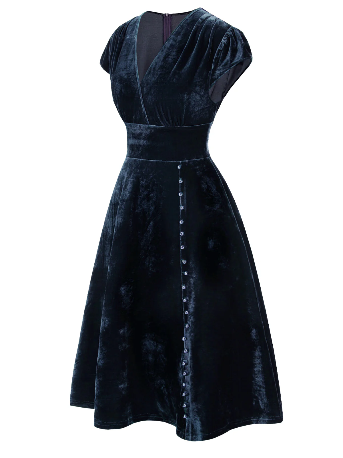 Red 1940s Deep V-Neck Pearl Velvet Dress - Image 11