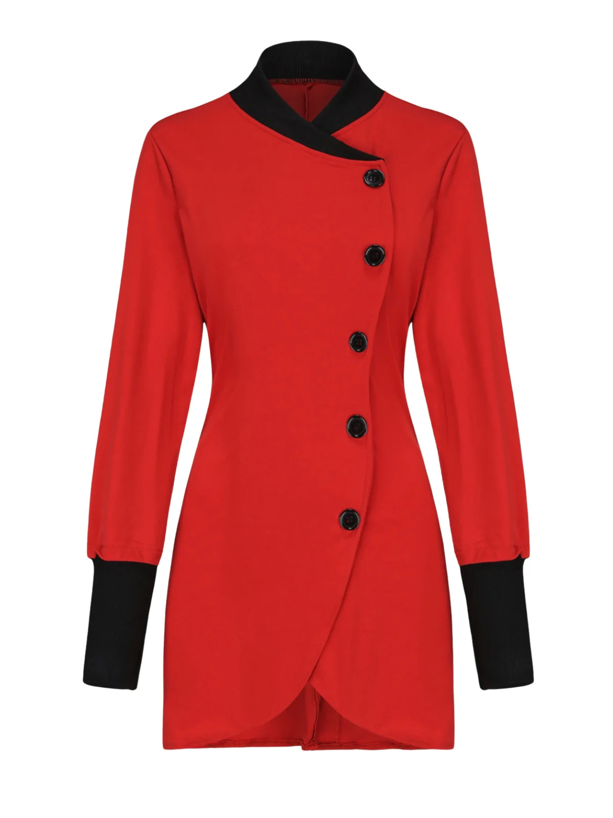 Red 1940s Diagonal Button Stand Collar Coat - Image 2