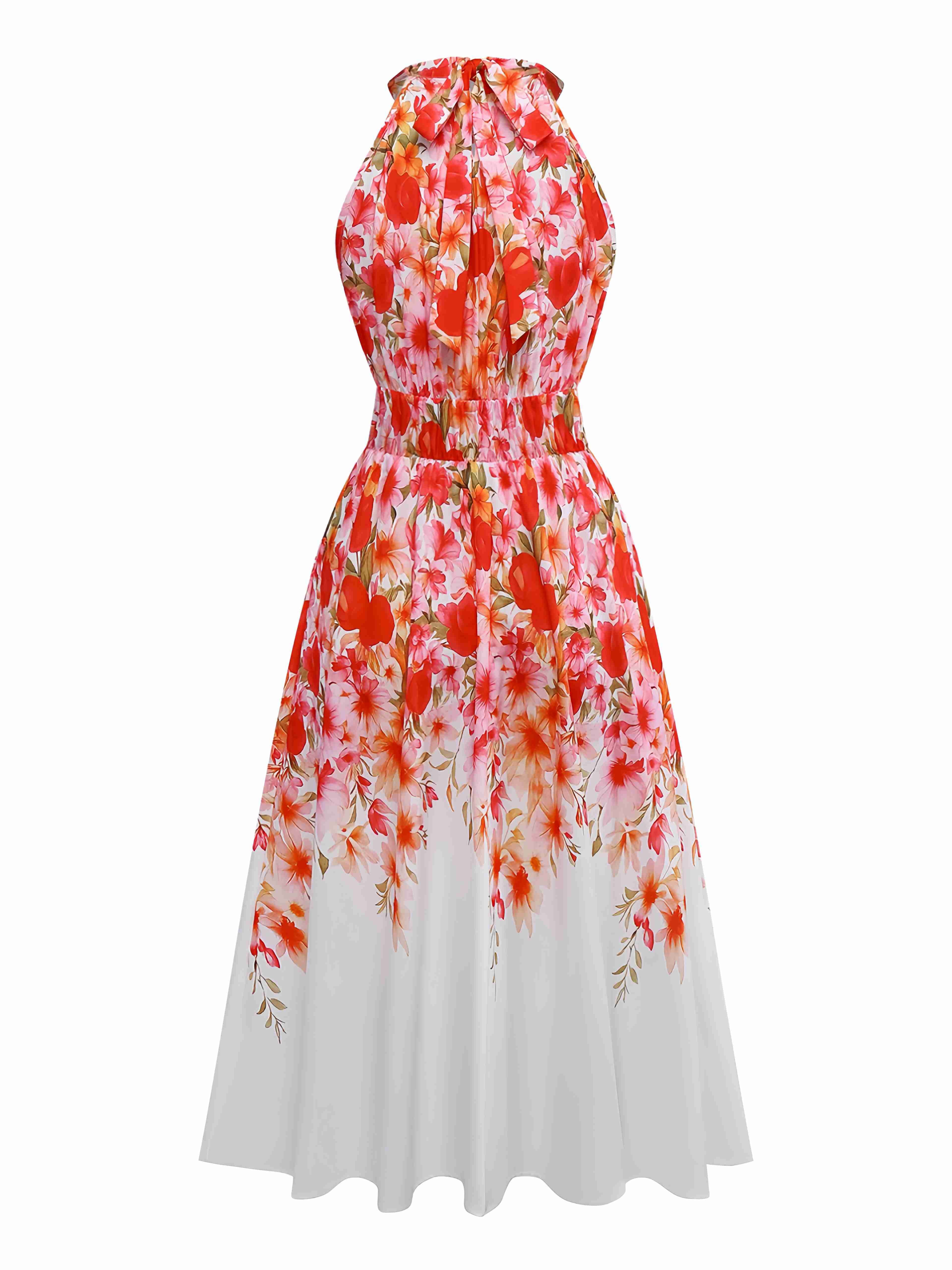 Red 1940s Floral Round Neck Halter Dress - Image 2