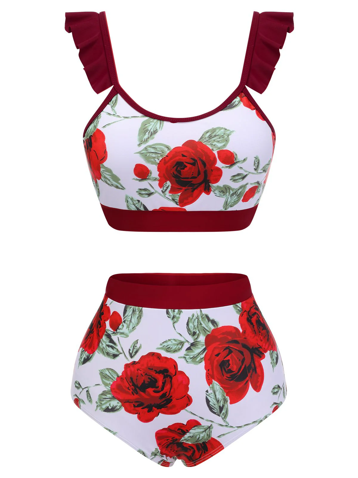 Red 1940s Floral Ruffles Swimsuit - Image 2