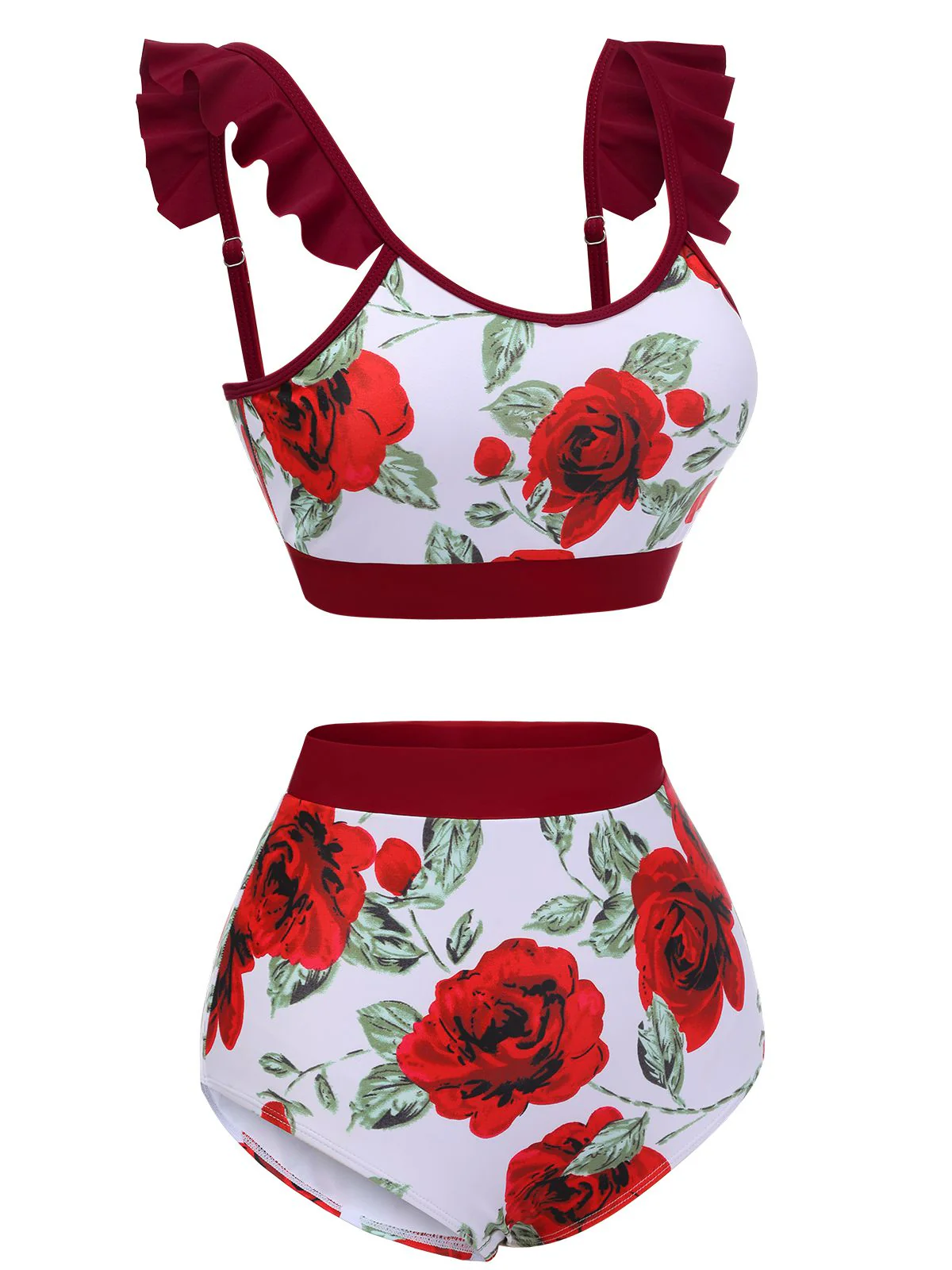 Red 1940s Floral Ruffles Swimsuit - Image 3