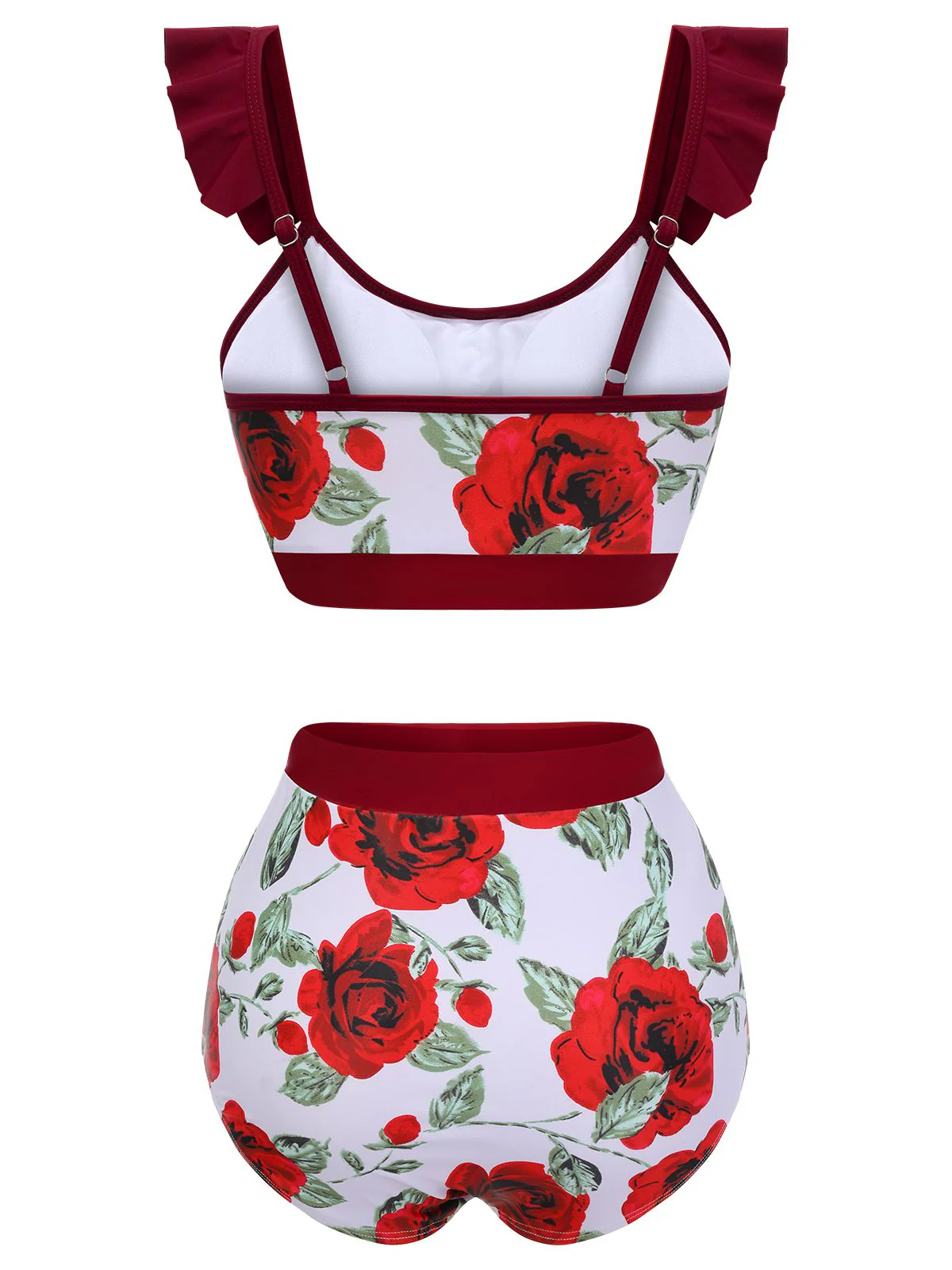 Red 1940s Floral Ruffles Swimsuit - Image 4